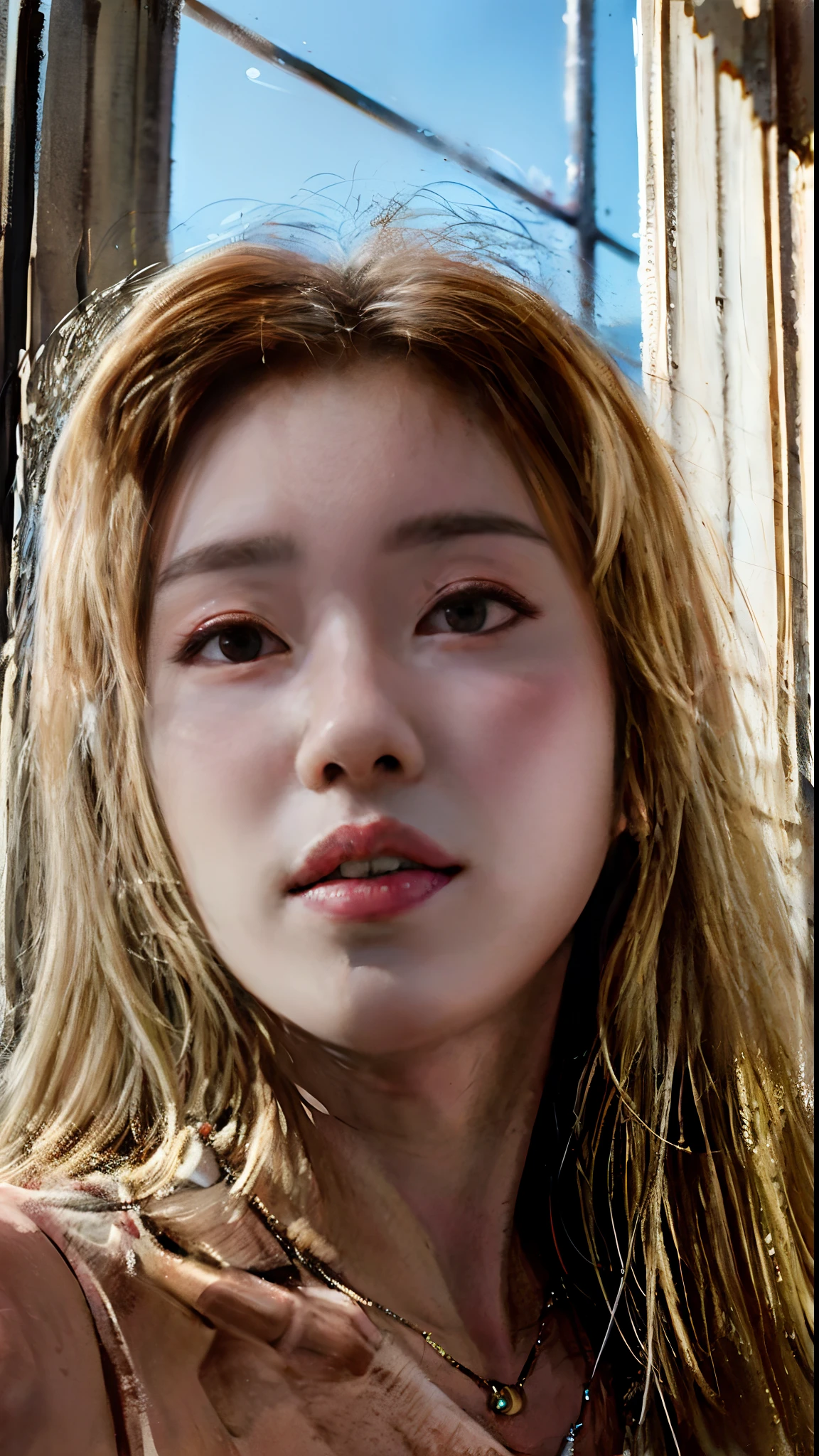 arafed woman with long hair and a necklace looking out a window, portrait of jossi of blackpink, detailed face of a asian girl, realistic. cheng yi, portrait of kpop idol, asian face, portrait of female korean idol, inspired by Yanjun Cheng, hyperrealistic digital painting, hyperrealistic beautiful face, portrait of japanese gyaru