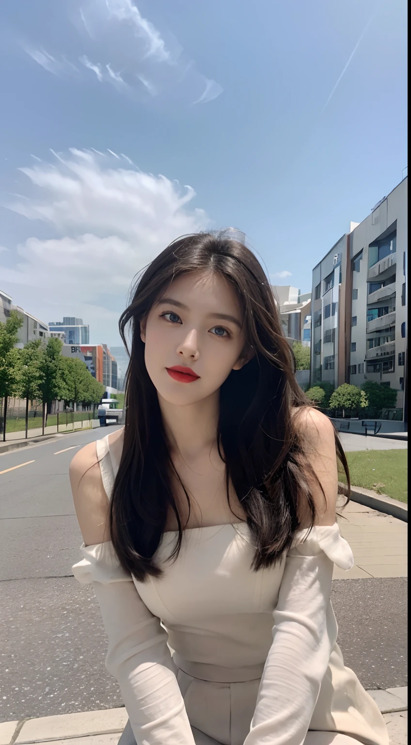 ((best qualtiy, 8K, tmasterpiece:1.3)), A pretty maiden,Pure,Melon seed face,gentle and cute,A sweet smile,Pure desire,Thin stature,(frontage),(Tilt your head),staring right into camera,uniform, Obi, formal,Black silky long, Straight hair,Long hair flowing over the shoulders,round black big eyes,Clear big eyes,Hydrated red lips,Sweet,Sit by the road,with blue sky and white clouds,Blue skies,grassy fields,Buildings,