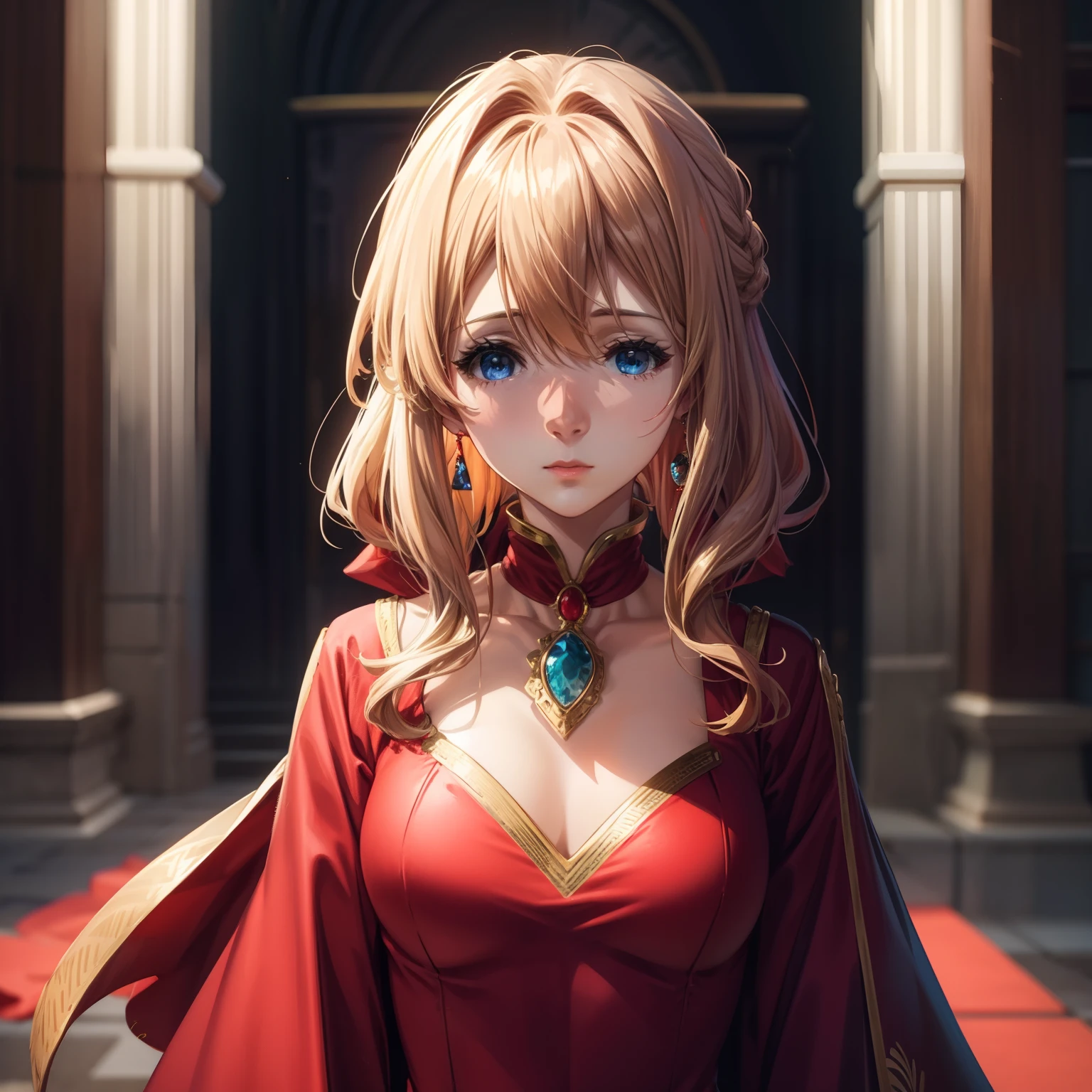 Upper Body, Focus Watching, Solo Woman, Standing Alone, Long Red Dress Covering Chest and Neck,(Neck Decorations)Earrings, shiny blonde hair