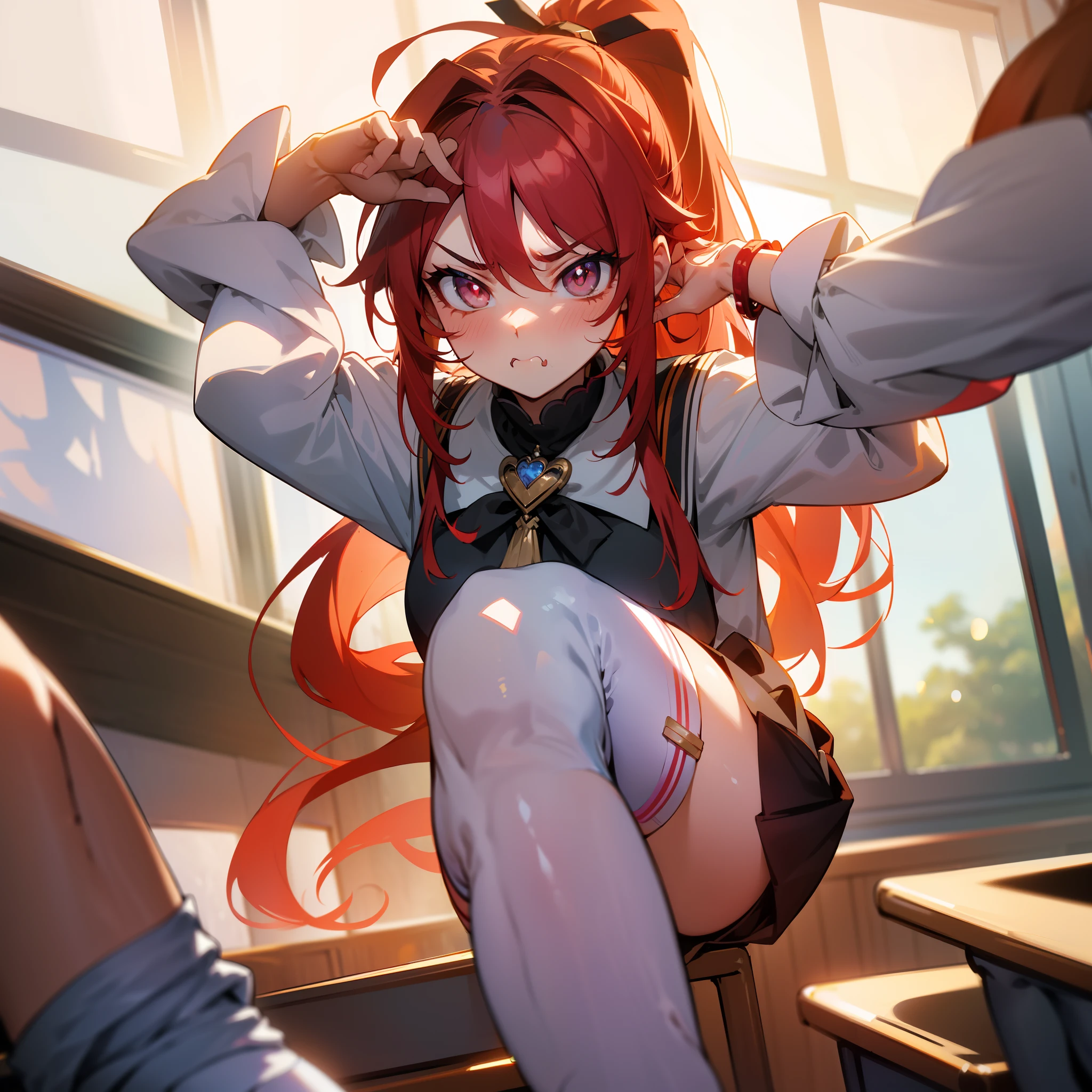 first person perspective，exquisite facial features，Seven-doppelganger shot，s the perfect face，Miss，(Kizi)，(pupils)，Gradient eye，Beautiful pupils，clench one's teeth，((Pout))，((Be red in the face))，(scowling)，long whitr hair，High ponytail，Hair between the eyes，(whaite hair)，(Heart-shaped dull hairs)，Bracelet，Hair rings，shairband，Bow hair ornament，brooch，(student clothes)，((Pinch your hair))，Hold the cheeks，((‎Classroom))，lense flares，Ambient lighting，genshin impact，Contour light，(((Adjust over-the-knee socks)))