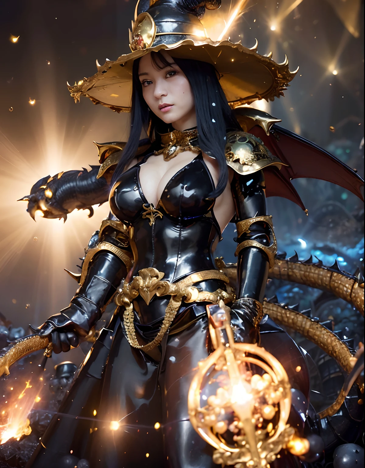 ((World of Darkness)),Professional , ​masterpiece、top-quality、photos realistic , depth of fields 、(((With a magic wand of gems))),（Dragon Black Metal Body:1.9),(latex black-blue、（cleavage of the breast）（Fight dragons）、、(((Particles of light))),（Micro Bikini Armor:1.7),Gorgeous gold weapons ,（Fight dragons）、Seductive look、（blood splattere、（(((With a magic wand))), ） , (((Wearing a black latex wizard hat))),（demonic wings）   ,（（a blond））、（Castle background）、（（Gangle's forest background））、Beautiful Caucasian beauty、１a person、dynamic ungle,(((Detailed and ornate dragon wizard hat)))、Smaller head、A smile、Castle background、Thin and beautiful female hands、cleavage of the breast、Soldier in iron armor on background、Mystical expression、Light Effects、intense fighting、Wind-effect、magic circles、With the legendary magic wand、Dragon's tail、explosions、Toostock、Toostock、