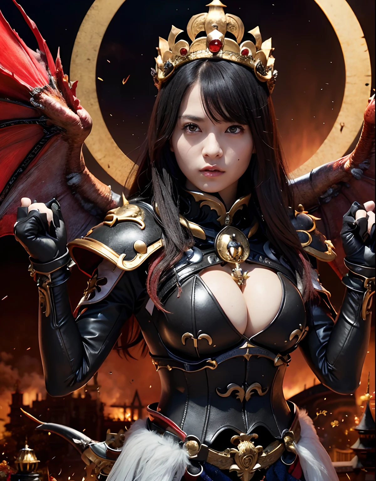 (World of Darkness),(Bleeding from the head), Professional , ​masterpiece、top-quality、photos realistic , depth of fields （Gemstone Black Metal Body:1.4),(Matte Black、Toostock、（cleavage of the breast）、（(Random Hairstyles 1.6),Dark Fantasy,）explosions、intense fighting、Blood on the face,Blood Rain,Blood fog（blood splattere：1.2),Dragon Gold Weapon,Mystical expression、Particles of light、Fight dragons、（Toostock),Gorgeous Silver Weapons ,（（ Dragon's dense and gorgeous sword）） ,,Detail and gorgeous crown、（（Red hair））、（Castle background）、、（（Gangle's forest background））、Beautiful Caucasian beauty、１a person、dynamic ungle,(((Detailed and ornate Black Devil Crown)))、Smaller head、A smile、Castle background、Thin and beautiful female hands、cleavage of the breast、Soldier in iron armor on background、Mystical expression、Light Effects、intense fighting、Wind-effect、magic circles、With the legendary magic wand、（demonic wings）、