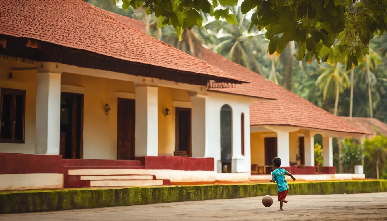 5 year old boy playing with a football in front of the house, right side, there is a white house with a red roof and a fountain, front-view, front view, frontview, exterior view, village house, outside view, centre image, kerala village, front side view, with kerala motifs, front side, colonial house in background, old house, side - view, side-view, traditional, full front view, ground level view