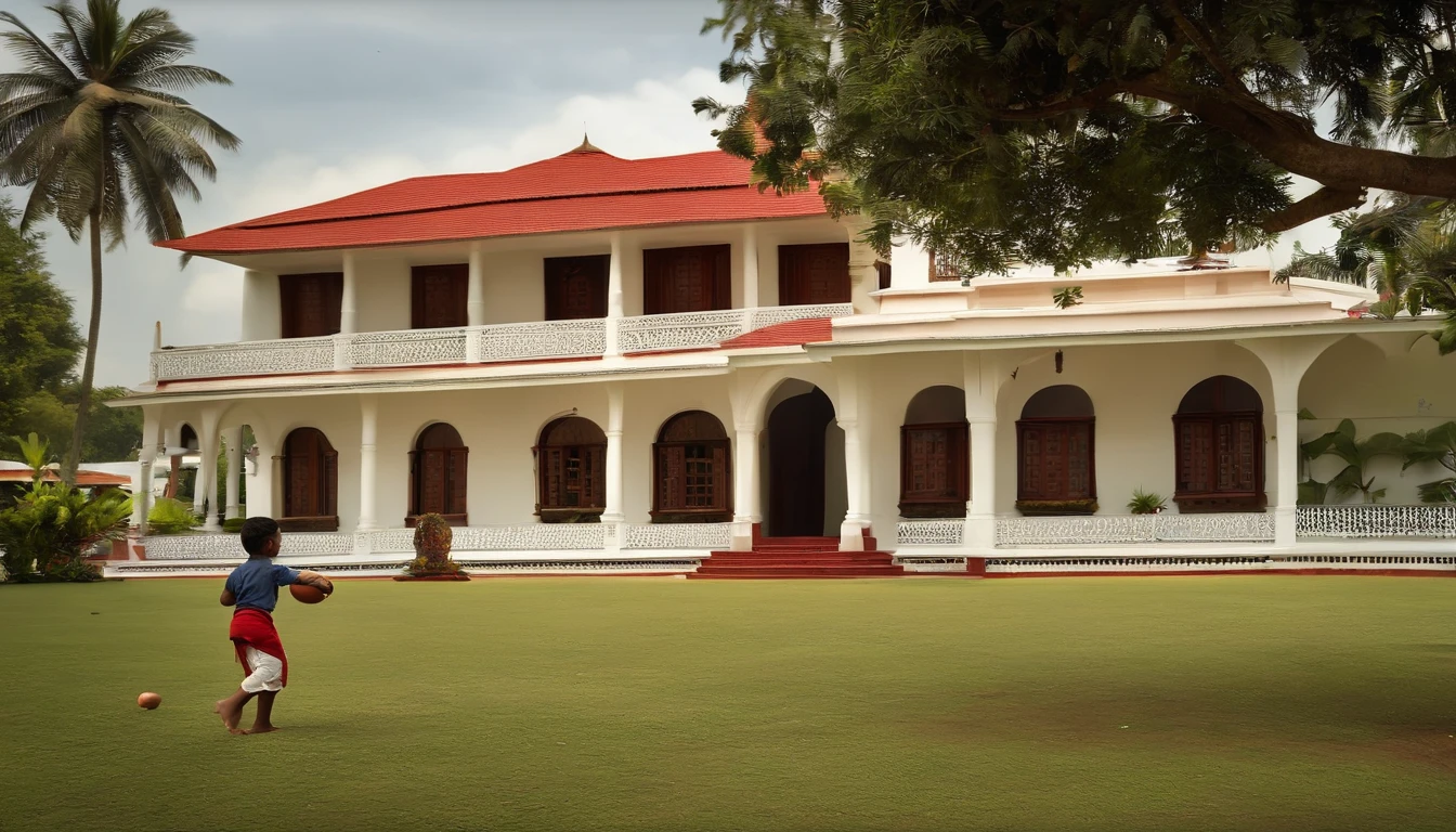 5 year old boy playing with a football in front of the house, right side, there is a white house with a red roof and a fountain, front-view, front view, frontview, exterior view, village house, outside view, centre image, kerala village, front side view, with kerala motifs, front side, colonial house in background, old house, side - view, side-view, traditional, full front view, ground level view