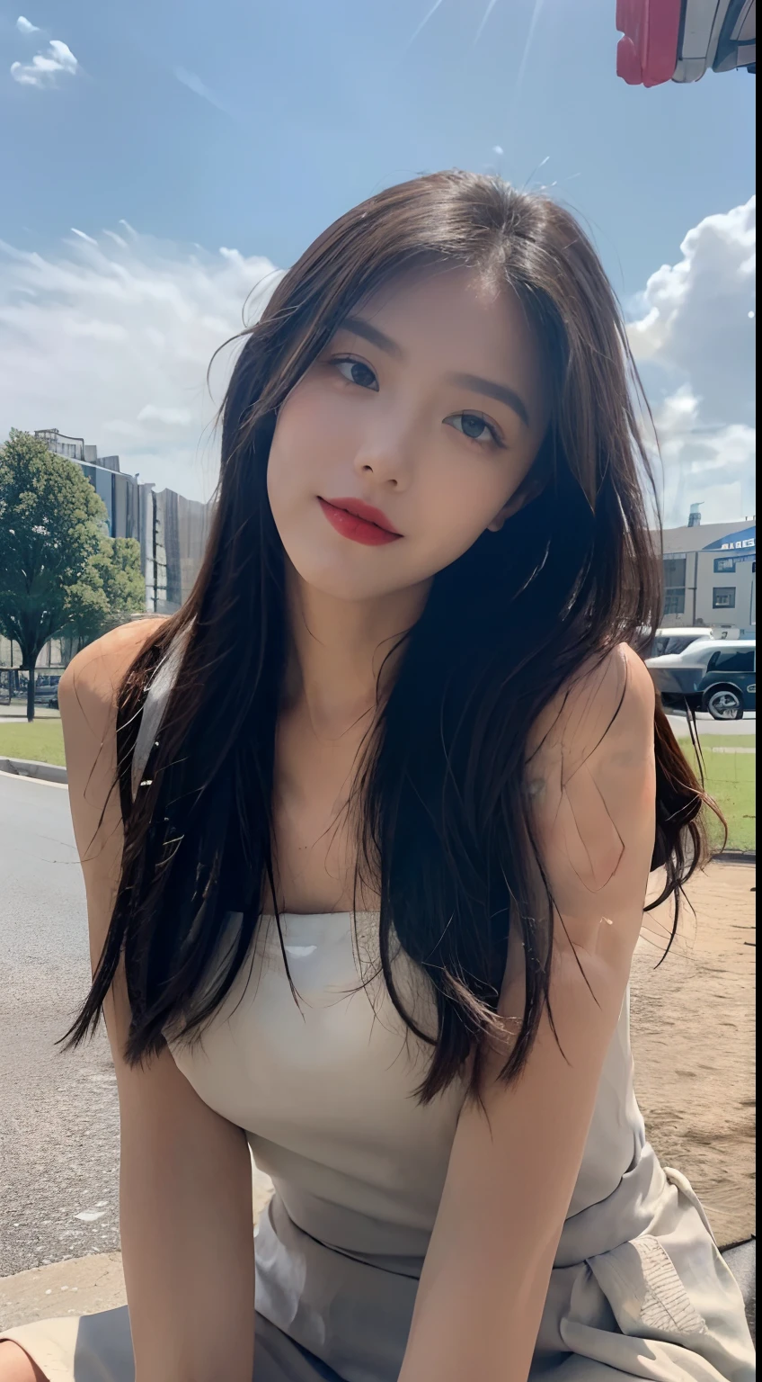 ((best qualtiy, 8K, tmasterpiece:1.3)), A pretty maiden,Pure,Melon seed face,gentle and cute,A sweet smile,Pure desire,Thin stature,(frontage),(Tilt your head),staring right into camera,uniform, Obi, formal,Black silky long, Straight hair,Long hair flowing over the shoulders,round black big eyes,Clear big eyes,Hydrated red lips,Sweet,Sit by the road,with blue sky and white clouds,Blue skies,grassy fields,Buildings,