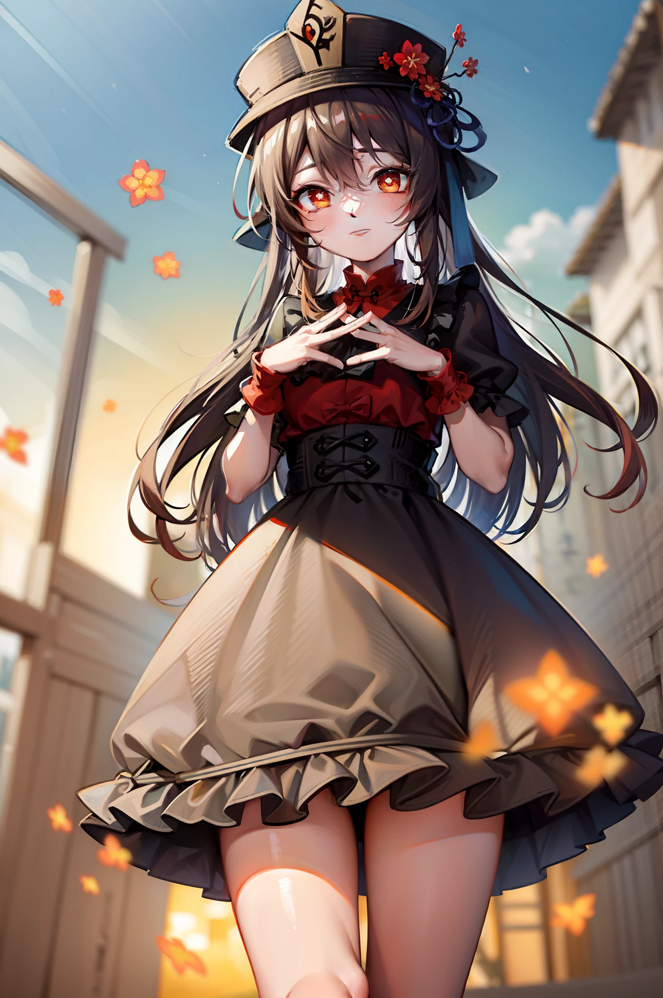 2d, masterpiece, best quality, anime, highly detailed eyes, highly detailed face, highly detailed background, perfect lighting, cowboy shot, feet out of frame, 1girl, solo, standing, hu tao \(genshin impact\), symbol-shaped pupils, flower-shaped pupils, hat, red flower, red eyes, cherry blossoms