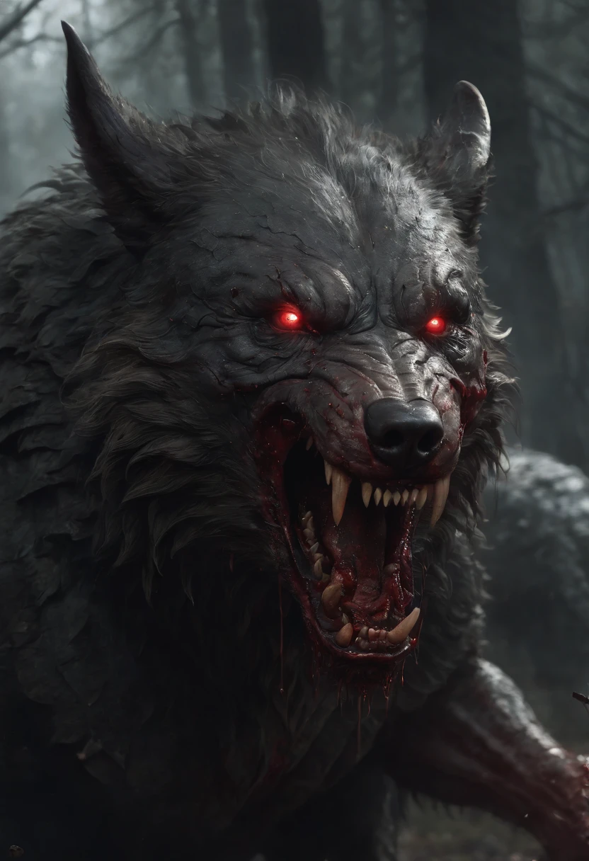 A painting of a really mest up wolf with a bloodied face and a bloodied head, carnage, Sci - Horror Art of Fiction, Science fiction horror artwork, inspired by Aleksi Briclot, Crocs de carnage, Horror fantasy art, par Aleksi Briclot, Horror concept art, venin, Art fantastique et horreur, Detailed illustration of 4K horror, Demonic creature, Dark Fantasy Horror Art