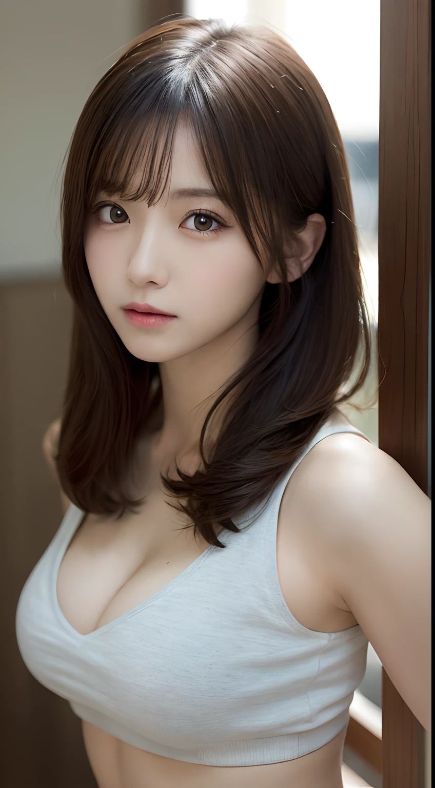 masutepiece, Best Quality, Illustration, Ultra-detailed, finely detail, hight resolution, 8K Wallpaper, Perfect dynamic composition, Beautiful detailed eyes, Natural Lip, Tank Tops, Big breasts, cleavage, Full body, navel-baring, Random sexy poses