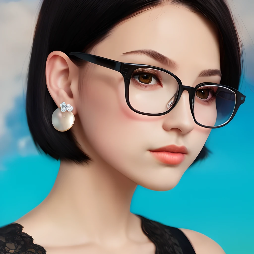 Black hair, Glasses, Stud earrings, Vintage, Feminine, 8K, Masterpiece, Best quality, Excellent detail) , (High saturation, Best shadows, Best light, Extremely fine bleaching) Dark style