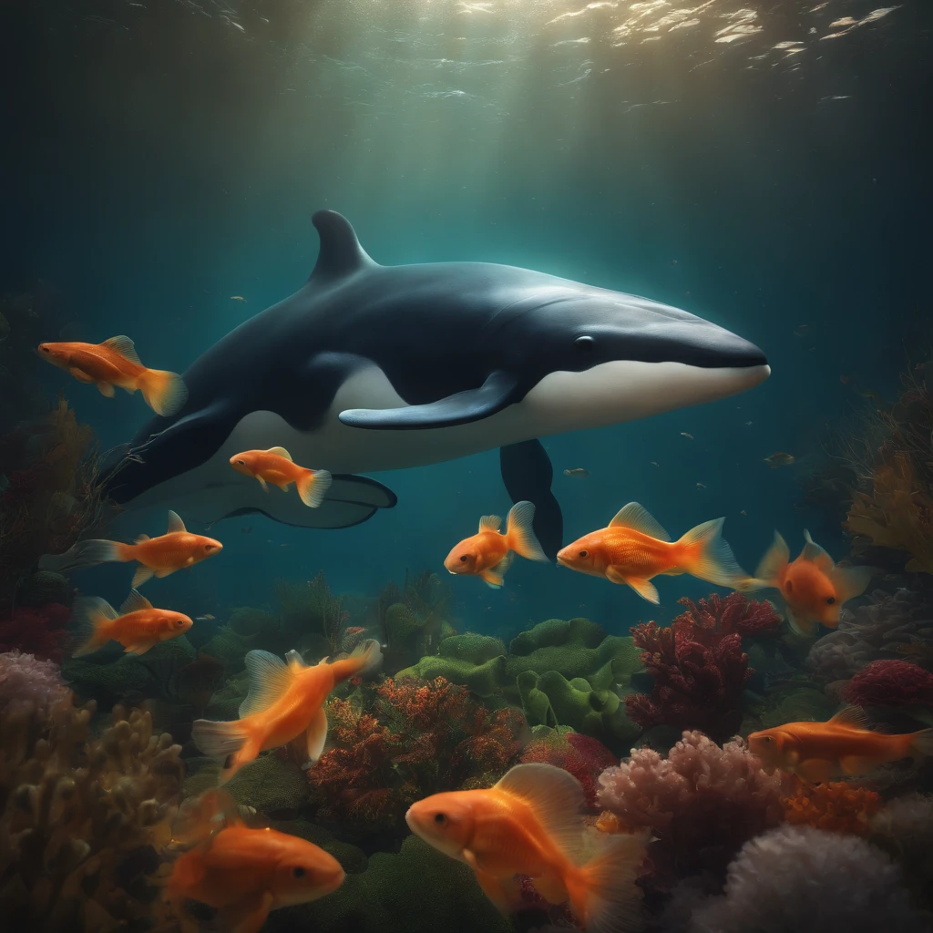 (best quality, high-res:1.2), vibrant lights, masterpiece:1.2, curated, super-detailed, high-quality, award-winning, swimming in a goldfish bowl, long-whiskered whale