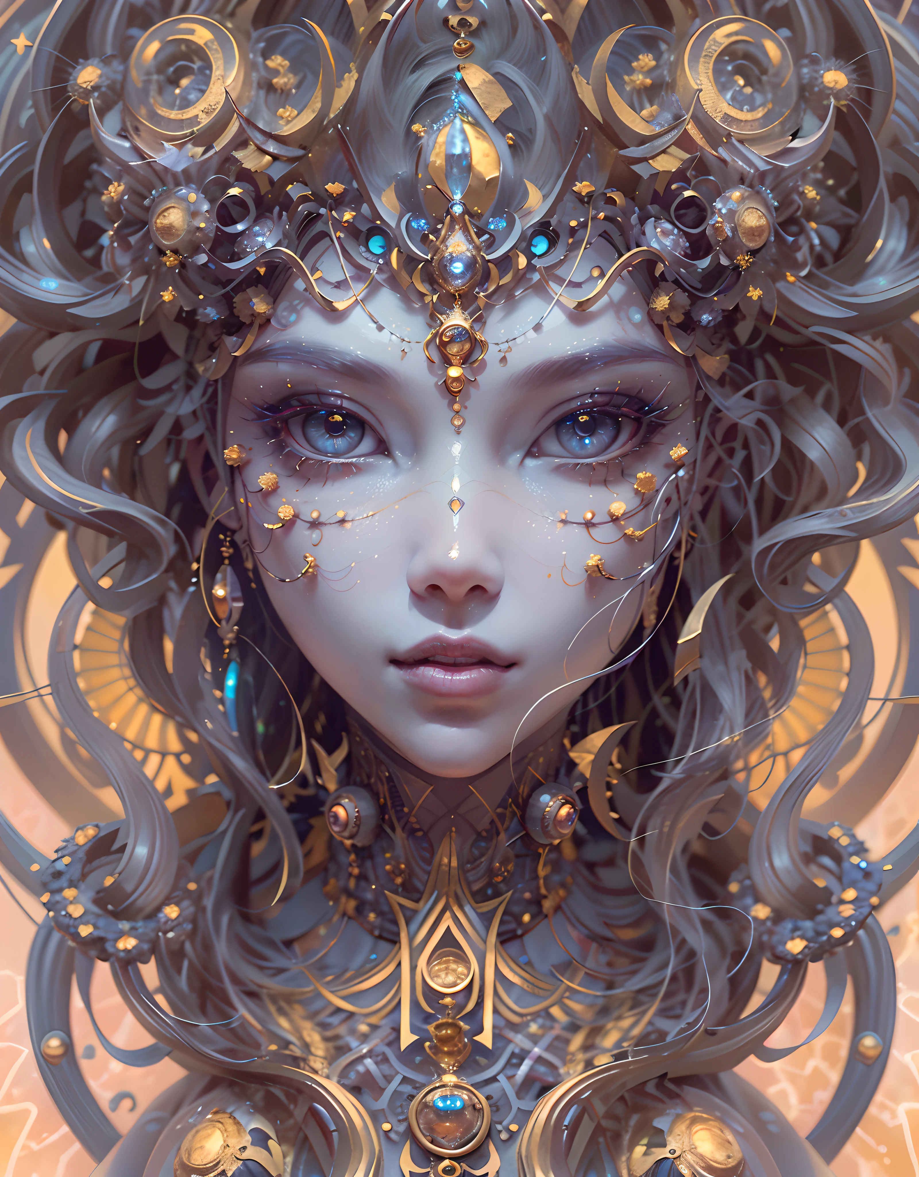 （best qualtiy，ultra - detailed，Most Best Illustration，Best shadow，tmasterpiece，A high resolution，professionalartwork，famousartwork），Detailed eyes，beautidful eyes，closeup cleavage，sci-fy，colored sclera，Robot eyes，face markings，Tattooed with，（fractalized，Fractal eyes），largeeyes，Wide eyes，（Eye focus），sface focus，Cosmic eyes，Space eyes，Close-up of metal sculpture of a woman with a moon in her hair，goddes。extremly high detail，3 d goddess portrait，Extremely detailed footage of the goddess，a stunning portrait of a goddess，Side portrait of the goddess，portrait of a beautiful goddess，Full body close-up portrait of the goddess，hecate goddess，portrait of a norse moon goddess，goddess of space and time