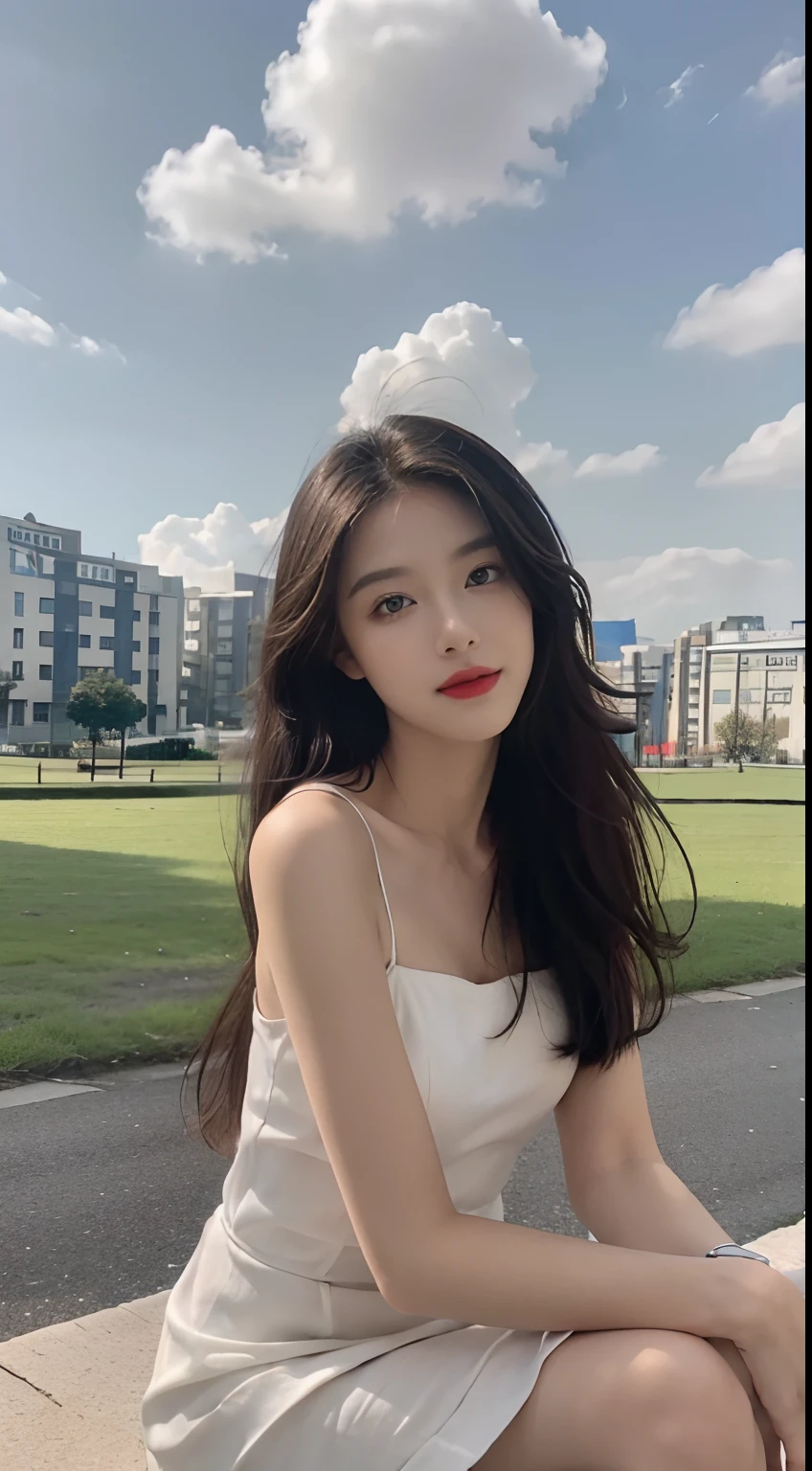 ((best qualtiy, 8K, tmasterpiece:1.3)), A pretty maiden,Pure,Melon seed face,gentle and cute,A sweet smile,Pure desire,Thin stature,(frontage),(Tilt your head),staring right into camera,uniform, Obi, formal,Black silky long, Straight hair,Long hair flowing over the shoulders,round black big eyes,Clear big eyes,Hydrated red lips,Sweet,Sit by the road,with blue sky and white clouds,Blue skies,grassy fields,Buildings,