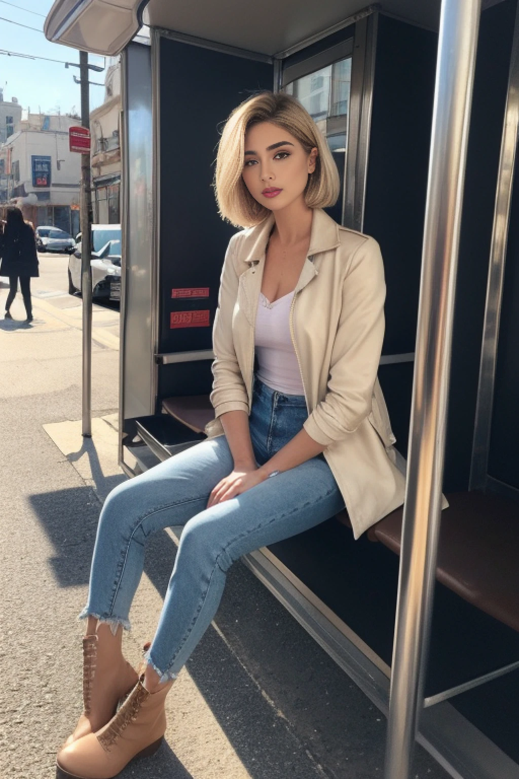 ((Realistic lighting, Best quality, 8K, Masterpiece: 1.3)), Clear focus: 1.2, 2girl, Perfect Figure: 1.4, Slim Abs: 1.1, ((short blonde bob hair)), (ropped leather jacket, distressed skinny jeans, and stylish ankle boots: 1.4), Super fine face, Fine eyes, Double eyelids, woman is posing while sitting in a bus stop in a street, inspired by Gina Pellón, instagram, tachisme, violet myers, lorena avarez, olivia culpo, alanis guillen, looks like laura barriales,  sophie mudd, tanned ameera al taweel, beautiful iranian woman, full body portrait