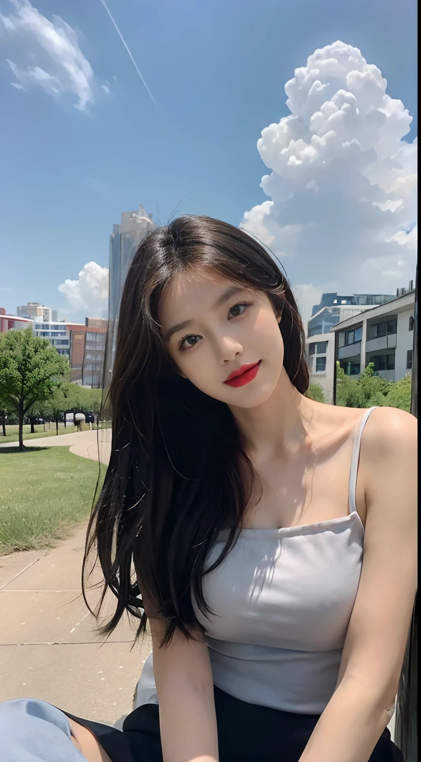 ((best qualtiy, 8K, tmasterpiece:1.3)), A pretty maiden,Pure,Melon seed face,gentle and cute,A sweet smile,Pure desire,Thin stature,(frontage),(Tilt your head),staring right into camera,uniform, Obi, formal,Black silky long, Straight hair,Long hair flowing over the shoulders,round black big eyes,Clear big eyes,Hydrated red lips,Sweet,Sit by the road,with blue sky and white clouds,Blue skies,grassy fields,Buildings,