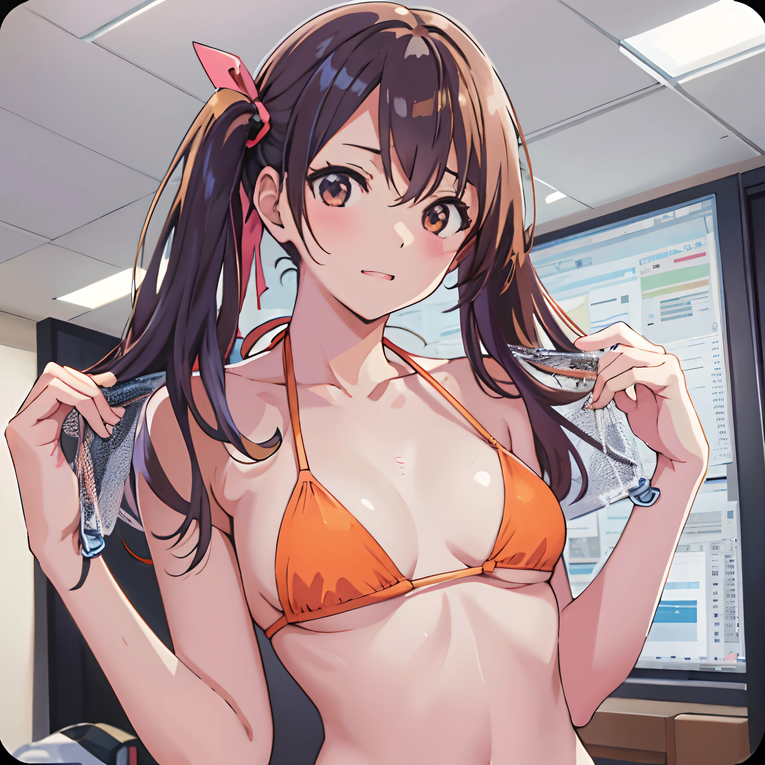 Anime girl in orange bikini posing with computer monitor in office, Seductive Anime Girl, Fine details. girls' frontline, realistic bikini, (SFW) safe for work, kawacy, oppai, Kantai Collection Style, marin kitagawa fanart, wearing a swimming wear, anime moe art style, at pixiv, biomechanical oppai, from girls frontline