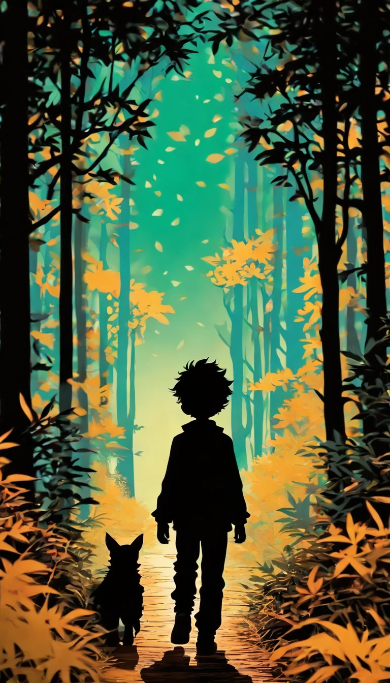 (Silhouette Art,cutouts:1.6)
(((Paper cutting art,A world where only black exists:1.3)
Rear view of a boy walking in the forest
The road to the back