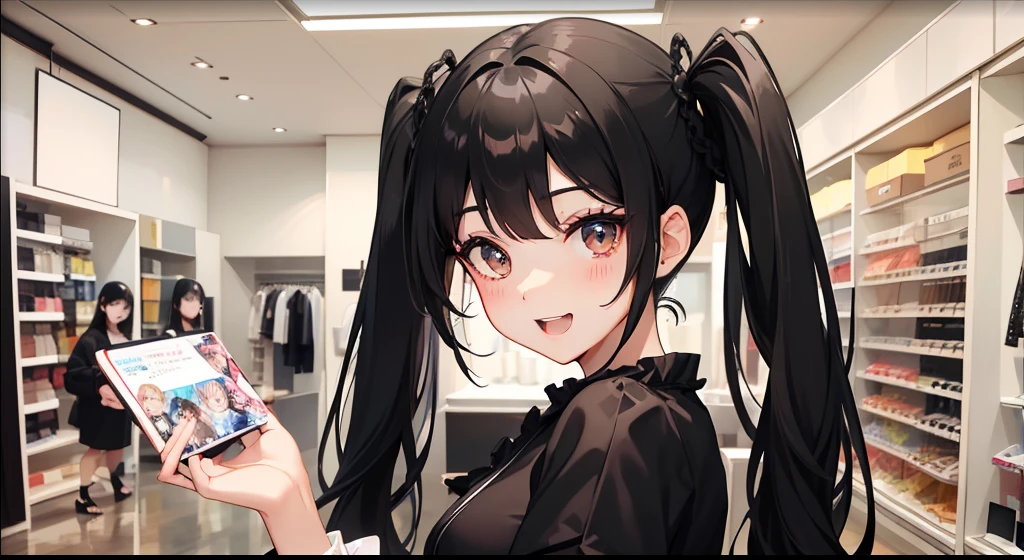 1 beauty,((Black hair twintails、eyes are brown、a smile))、Elegant dress、Wearing short sleeves)),Look at the price tag in front of you,Very wide open mouth,Expression of surprise,Buying clothes,In luxury clothing stores,Price tags for clothing(Side angle photo 1.5)