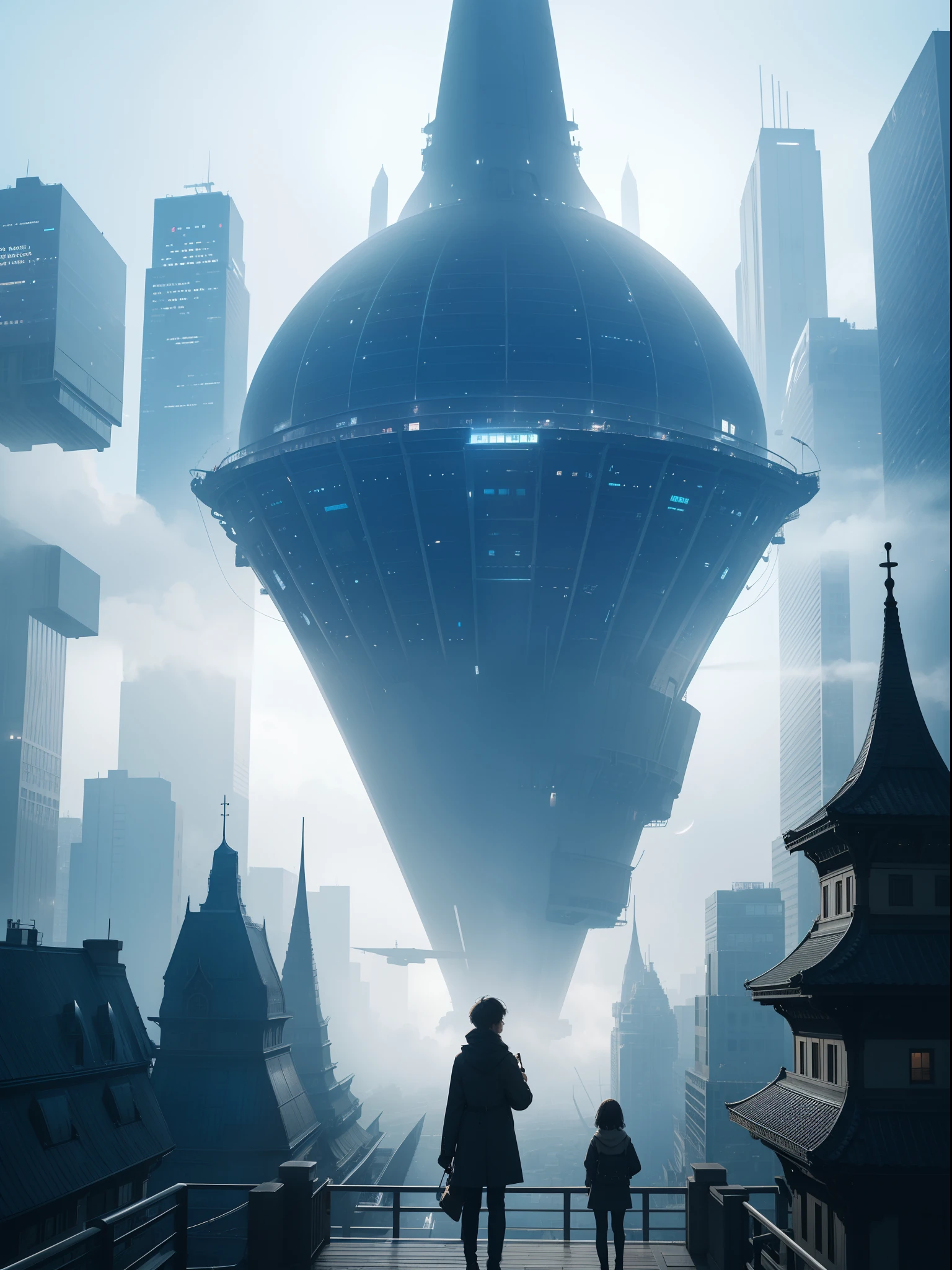 City of the Future、A very big airship of the future、Beautiful fog、fullmoon、Trees、Warm light、dark ilumination、Best Quality,masutepiece,