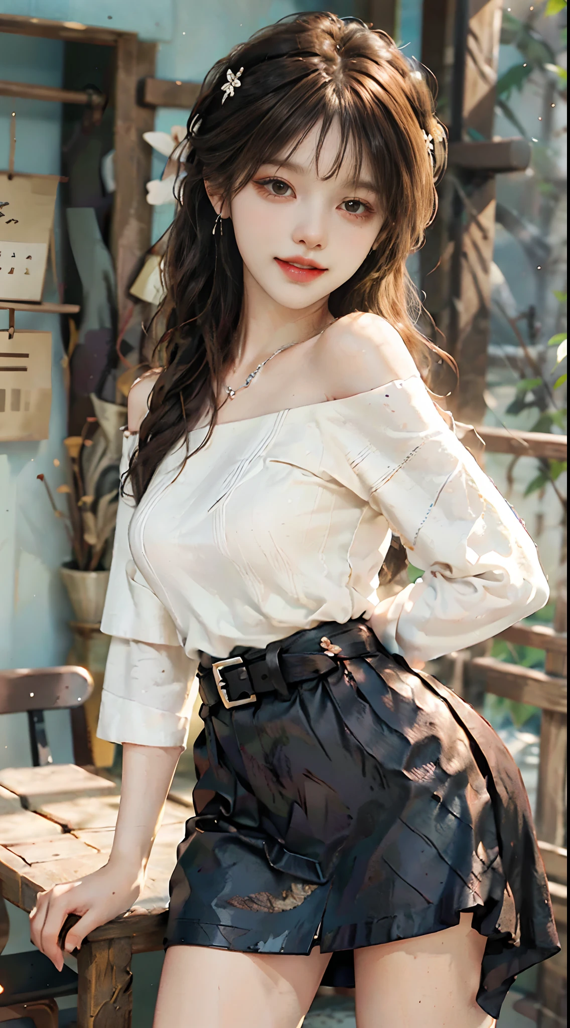 ((full body)), ((from side)), ((realistic)), 1girll, posed for photo, inside in room, Stand up, leaning on a table, pretty legs, The upper body leans forward slightly, with hands behind her back, looking at viewert, Detailed scenes, curlies, Air bangs, Beautiful hair accessories, Brownish-yellow hair, ((off shoulder clothes)), ((White floral T-shirt, Black leather skirt, Shiny belt)), (Campus style), warm lights, a warm color palette, Detailed details, ultra-detailliert, (tmasterpiece, best qualtiy), (An extremely delicate and beautiful work), Delicate earrings, Delicate necklace, Simple blurred background, Extreme detail description, Ultra-fine painting, Delicate face, slim toned body, (ssmile, Baring teeth), (anatomy correct)