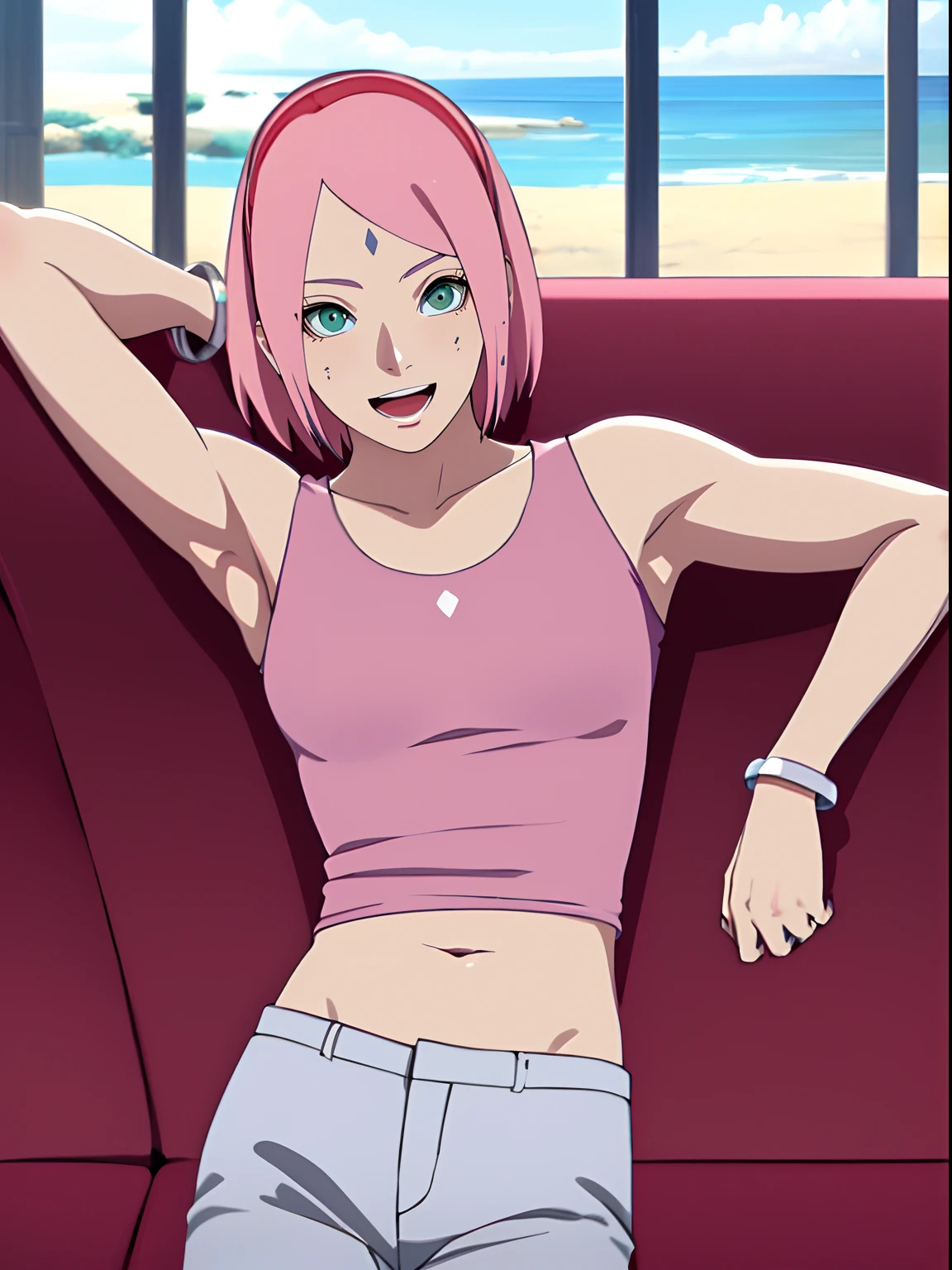 masterpiece, 4k, portrait, cowboy shot, (night), professional artwork, intricate details, colorful, digital blending, (ultra detailed body, ultra detail hair, ultra detail face), trending on pixiv, kind smile, best quality, anime style: 1.9, 1girl, hires, haruno sakura, (forehead mark, milf, red hairband, pale skin, (small breasts), short hair, ((white tank top), white pants), (navel, belly button, slender body, slender belly, bracelet, pink hair, open mouth, big eyes), smile, beach, wind, floating hair, detailed arms, off-shoulders, broad shoulders, (slightly muscular arms, slightly strong biceps), armpit on couch, rips, , fancy couch, relaxing, (hand leaning on couch, laying, talking, looking at the viewer, showing armpit)
