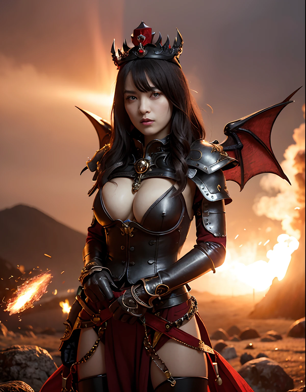 (World of Darkness),(Bleeding from the head), Professional , ​masterpiece、top-quality、photos realistic , depth of fields （Gemstone Black Metal Body:1.4),(Matte Black、Toostock、（cleavage of the breast）、（(Random Hairstyles 1.6),Dark Fantasy,）explosions、intense fighting、Blood on the face,Blood Rain,Blood fog（blood splattere：1.2),Dragon Gold Weapon,Mystical expression、Particles of light、Fight dragons、（Toostock),Gorgeous Silver Weapons ,（（ Dragon's dense and gorgeous sword）） ,,Detail and gorgeous crown、（（Red hair））、（Castle background）、、（（Gangle's forest background））、Beautiful Caucasian beauty、１a person、dynamic ungle,(((Detailed and ornate Black Devil Crown)))、Smaller head、A smile、Castle background、Thin and beautiful female hands、cleavage of the breast、Soldier in iron armor on background、Mystical expression、Light Effects、intense fighting、Wind-effect、magic circles、With the legendary magic wand、（demonic wings）、