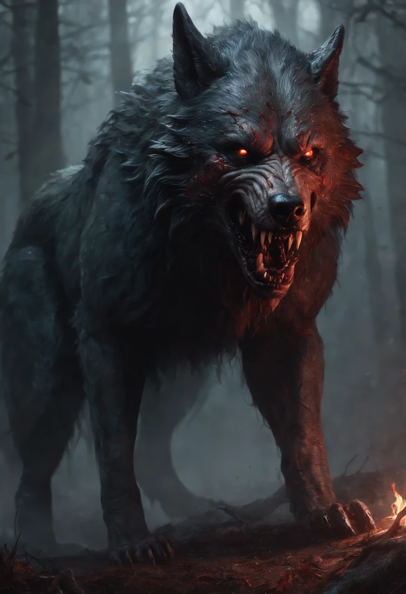 The giant end time wolf of Tartarus, fear-inducing presence, awe-inspiring and anger-evoking, with its immense size and terrifying appearance. (best quality, highres, HDR), (dark, eerie, mysterious:1.1) ancient ruins deep in the heart of Tartarus, where the wolf has been imprisoned for centuries. The ruins are covered in moss, with crumbling walls and overgrown vegetation. (ominous atmosphere, haunting darkness) shrouds the surroundings, as if the malevolent spirit of the wolf still lingers. The architecture is reminiscent of a bygone era, with intricate carvings and markings on the walls. (sinister symbols, arcane symbols) are etched into the stone, hinting at the dark magic that sealed the wolf within. The air is thick with anticipation and unease, as if the very essence of fear permeates the air. (gloomy lighting, eerie glow) casts long shadows, adding to the sense of foreboding. The wolf's piercing red eyes (glowing, sinister, fiery:1.2) stand out against its dark fur, radiating an otherworldly aura. Its snarling mouth (sharp, fang-filled:1.1) is open wide, revealing rows of sharp teeth ready to devour anything that crosses its path. The howling wind seems to echo the wolf's sorrowful cries, creating an eerie soundtrack to the desolate landscape. The scene is bathed in a (dark, muted, desaturated:0.9) color palette, emphasizing the somber atmosphere of this dark fantasy world.