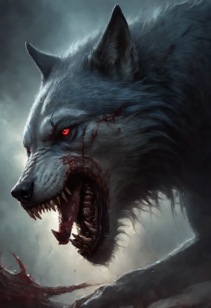 A painting of a really mest up wolf with a bloodied face and a bloodied head, horns, blue runes, carnage, Sci - Horror Art of Fiction, Science fiction horror artwork, inspired by Aleksi Briclot, Crocs de carnage, Horror fantasy art, par Aleksi Briclot, Horror concept art, venin, Art fantastique et horreur, Detailed illustration of 4K horror, Demonic creature, Dark Fantasy Horror Art