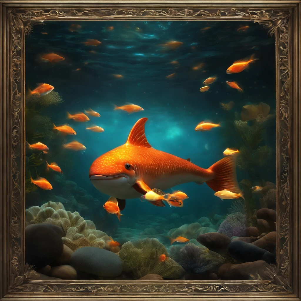 (best quality, high-res:1.2), vibrant lights, masterpiece:1.2, curated, super-detailed, high-quality, award-winning, swimming in a small goldfish bowl, long-whiskered whale, refracted sunlight, rich colors, underwater magic, mesmerizing patterns, intricate scales, shimmering reflections, magical atmosphere, dreamlike setting, ethereal beauty, delicate fins, graceful movement, enchanting underwater world, surreal scene, captivating composition, surreal lighting, whimsical elements, fantastical creatures, mystical ambiance, otherworldly charm, immersive experience, mystical underwater adventure, breathtaking depths, surrealistic fantasy, serenely floating, magnificent spectacle, sparkling water, floating petals, mystical shadows, intricate coral formations, peaceful tranquility