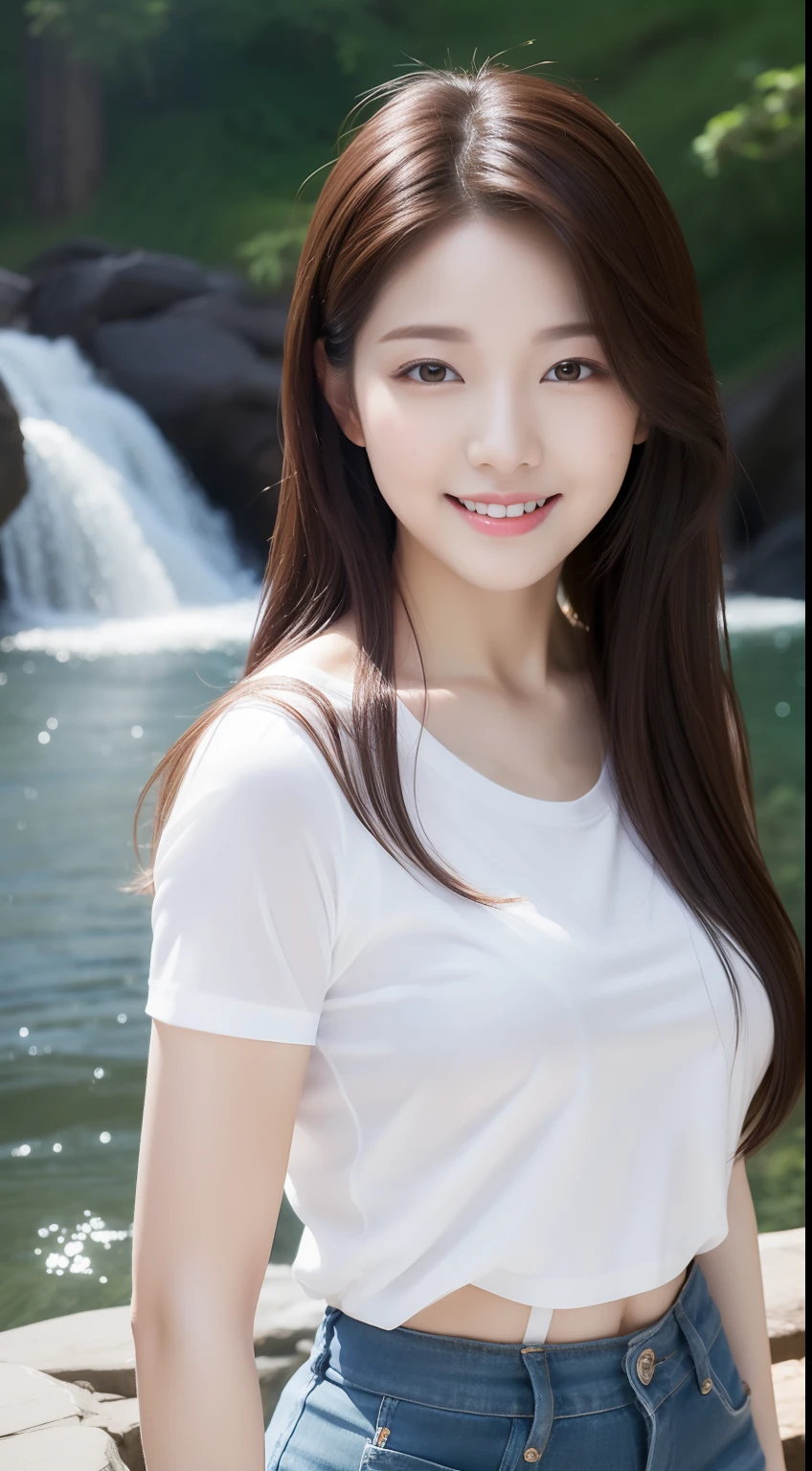 realistic photos of 1 cute Korean star, straight hair, white skin, thin makeup, 32 inch breasts size, slightly smile, wearing t-shirt, at waterfall , upper body portrait, Hyperrealism, UHD