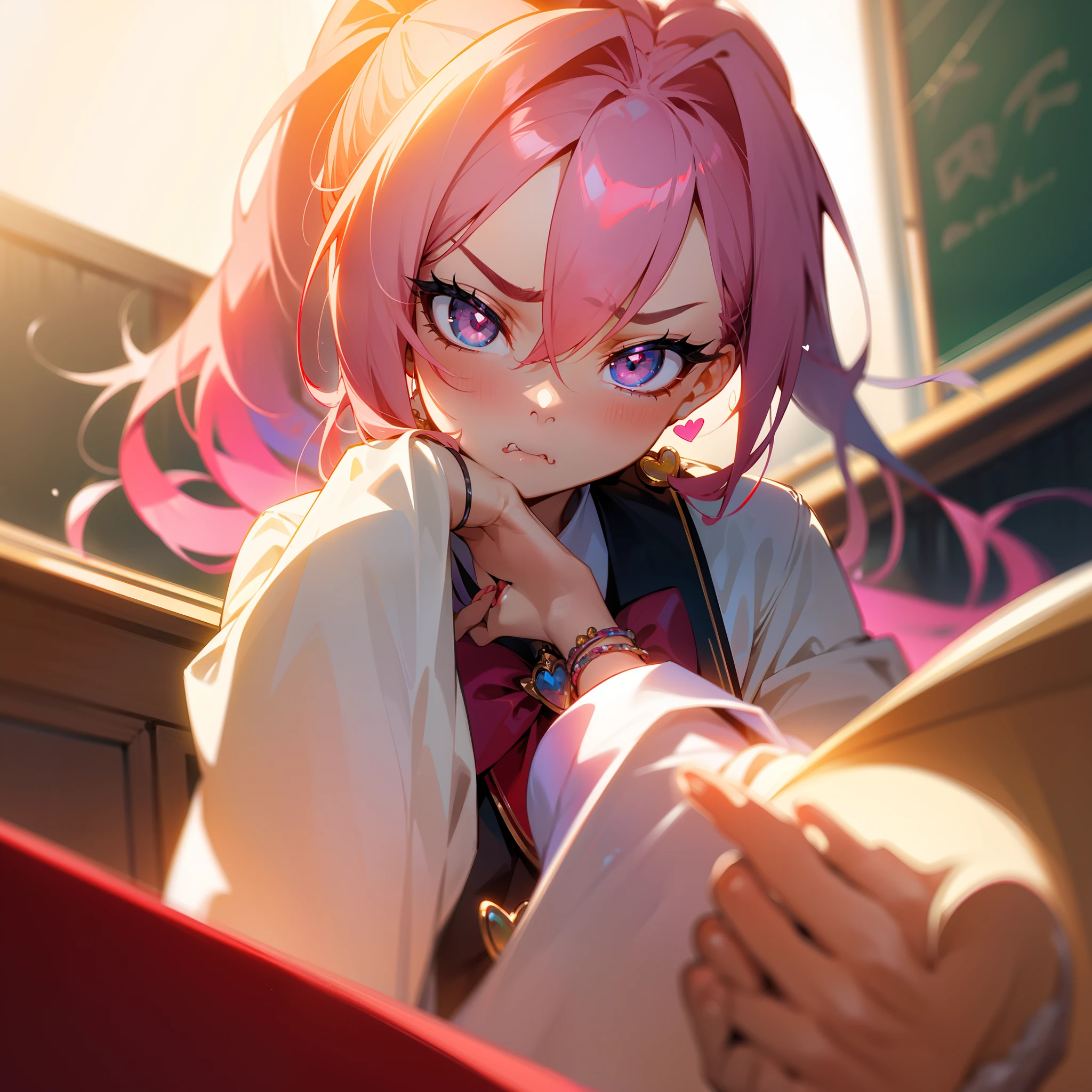 first person perspective，exquisite facial features，Seven-doppelganger shot，s the perfect face，Miss，(Kizi)，(pupils)，Gradient eye，Beautiful pupils，clench one's teeth，((Pout))，((Be red in the face))，(scowling)，long whitr hair，High ponytail，Hair between the eyes，(Heart-shaped dull hairs)，Bracelet，Hair rings，shairband，Bow hair ornament，brooch，(student clothes)，((Pinch your hair))，Hold the cheeks，((‎Classroom))，lense flares，Ambient lighting，Contour light，[Holding flowers]，Pink hair，[tying  hair]