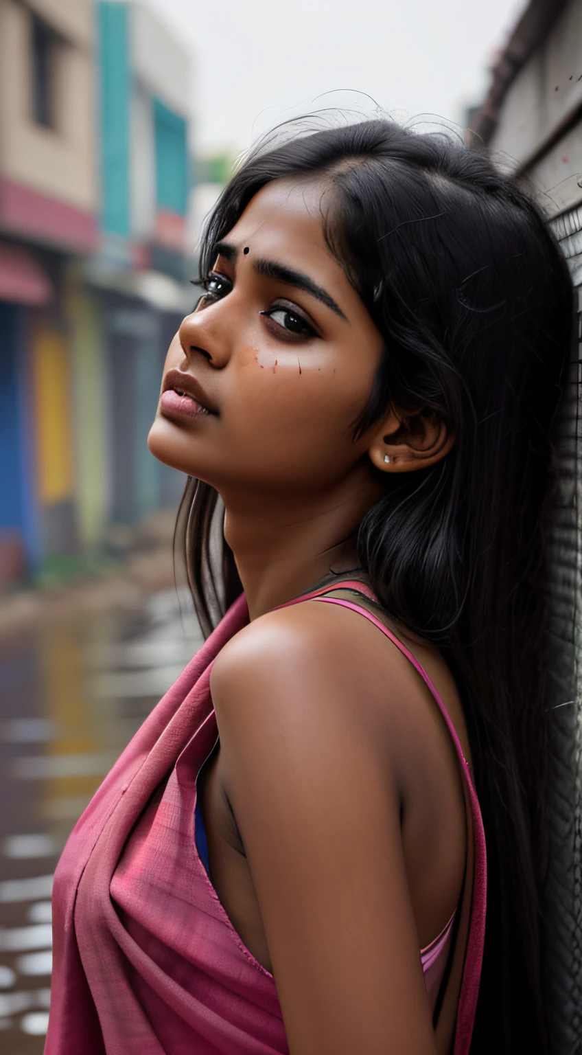 young Indian girl, dark complection, 18-year-old, ugly slum background, ,village backgound ultra hd photo, girl is sad and looking up raining, rain falling on her face , sad cinimatic pose , full body picture,pose flawless complexion, top-notch 3D rendering, hyper-realistic, shot on Indian road. photorealistic digital art trending on Artstation 8k HD high definition detailed realistic, detailed, skin texture, hyper detailed, realistic skin high resolution, detailed, raw photo, 400 camera f1.6 lens rich colors hyper realistic lifelike texture