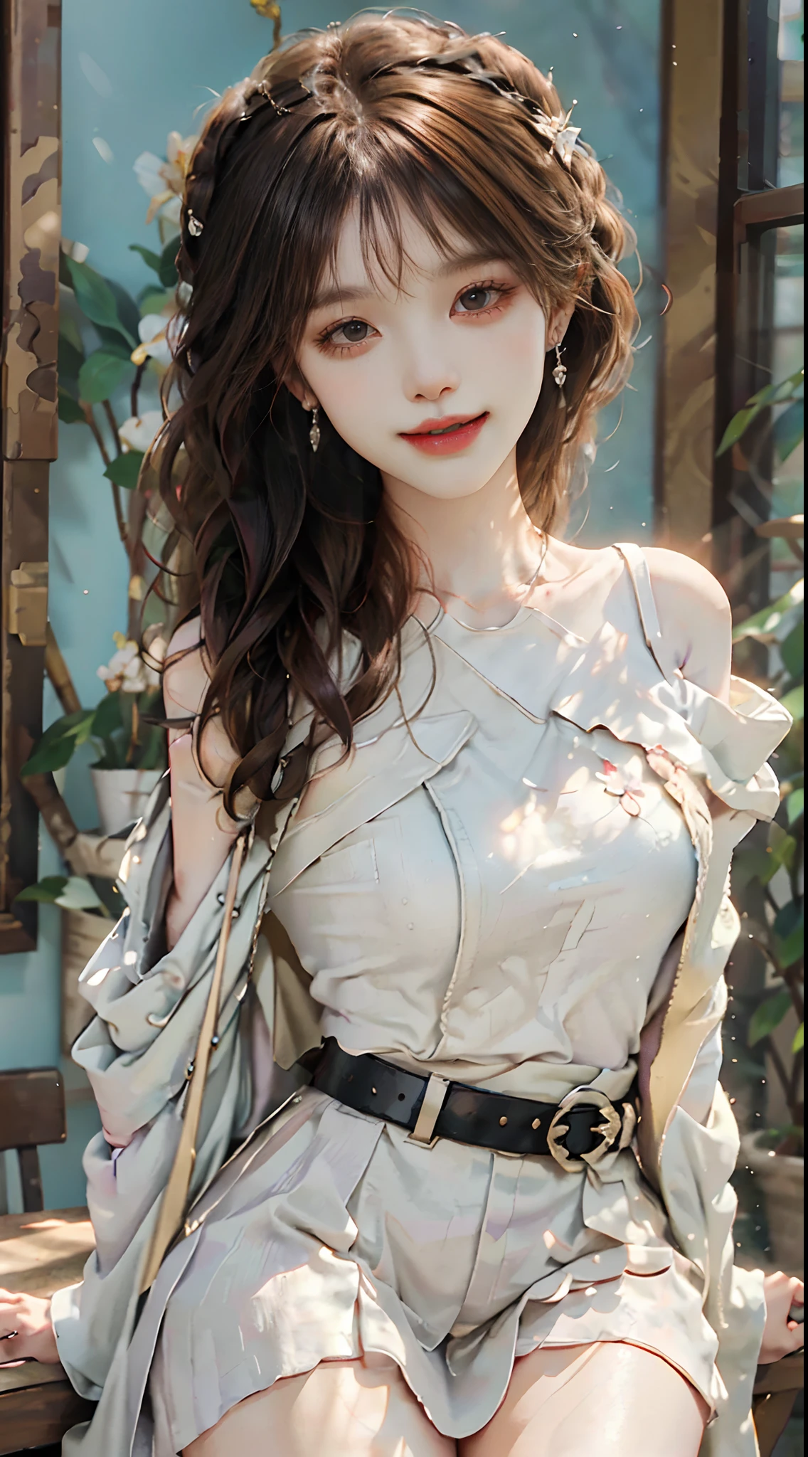 ((Beautiful Face:1.4)), (Purelos Face_v1: 1.0), Half Body,Highest quality, One person, (Skin Hollow), (Large Breasts), (Day), bright, Background Blur, Outdoor, (street:0.6), (hair:1.5), (blouse:1.5), nice, (hair Float:1.5), Soft Light, Wind, garden, street