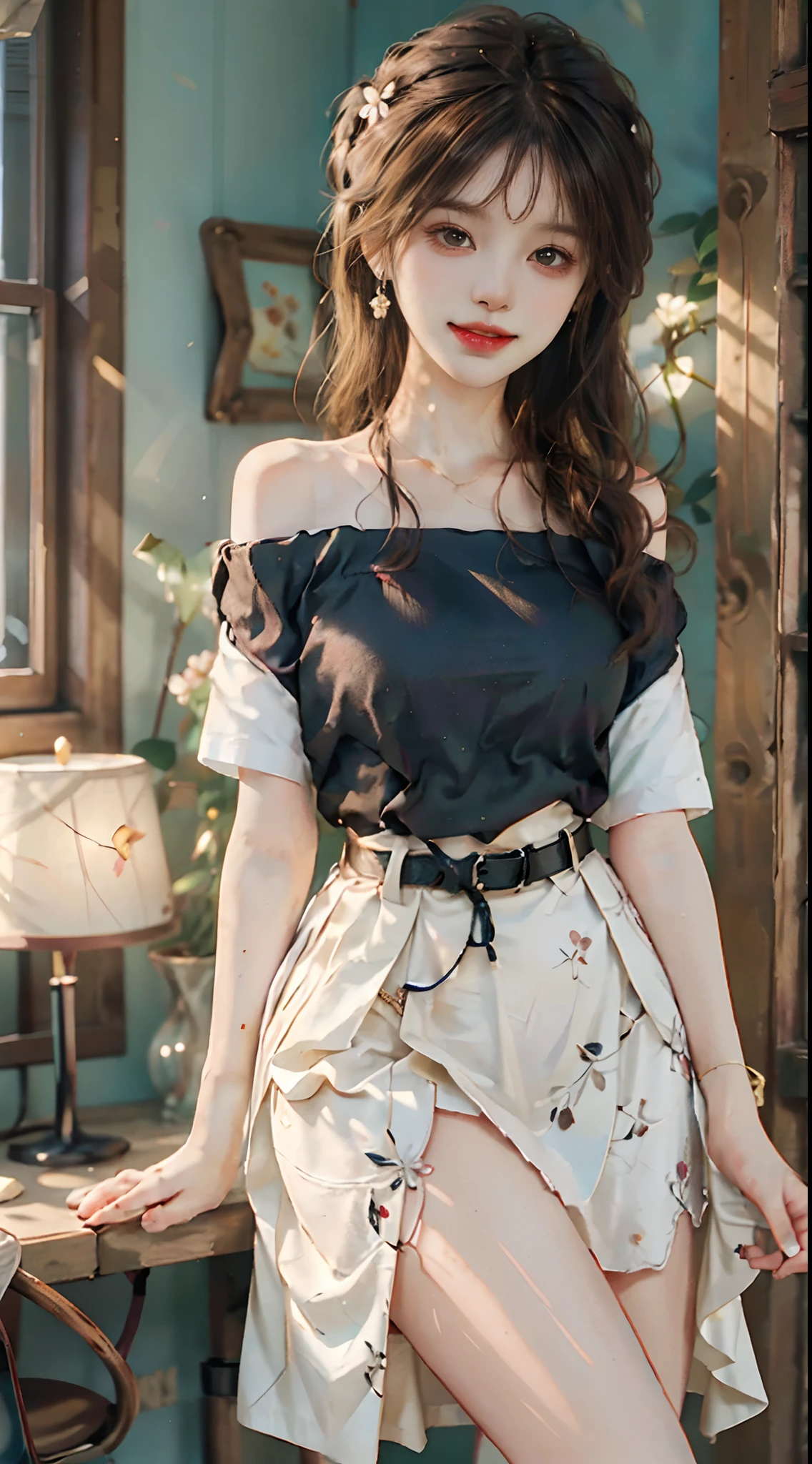 ((full body)), ((from below)), ((realistic)), 1girll, posed for photo, inside in room, Stand up, leaning on a table, pretty legs, The upper body leans forward slightly, with hands behind her back, looking at viewert, Detailed scenes, curlies, Air bangs, Beautiful hair accessories, Brownish-yellow hair, ((off shoulder clothes)), ((White floral T-shirt, Black leather skirt, Shiny belt)), (Campus style), warm lights, a warm color palette, Detailed details, ultra-detailliert, (tmasterpiece, best qualtiy), (An extremely delicate and beautiful work), Delicate earrings, Delicate necklace, Simple blurred background, Extreme detail description, Ultra-fine painting, Delicate face, slim toned body, (ssmile, Baring teeth), (anatomy correct)