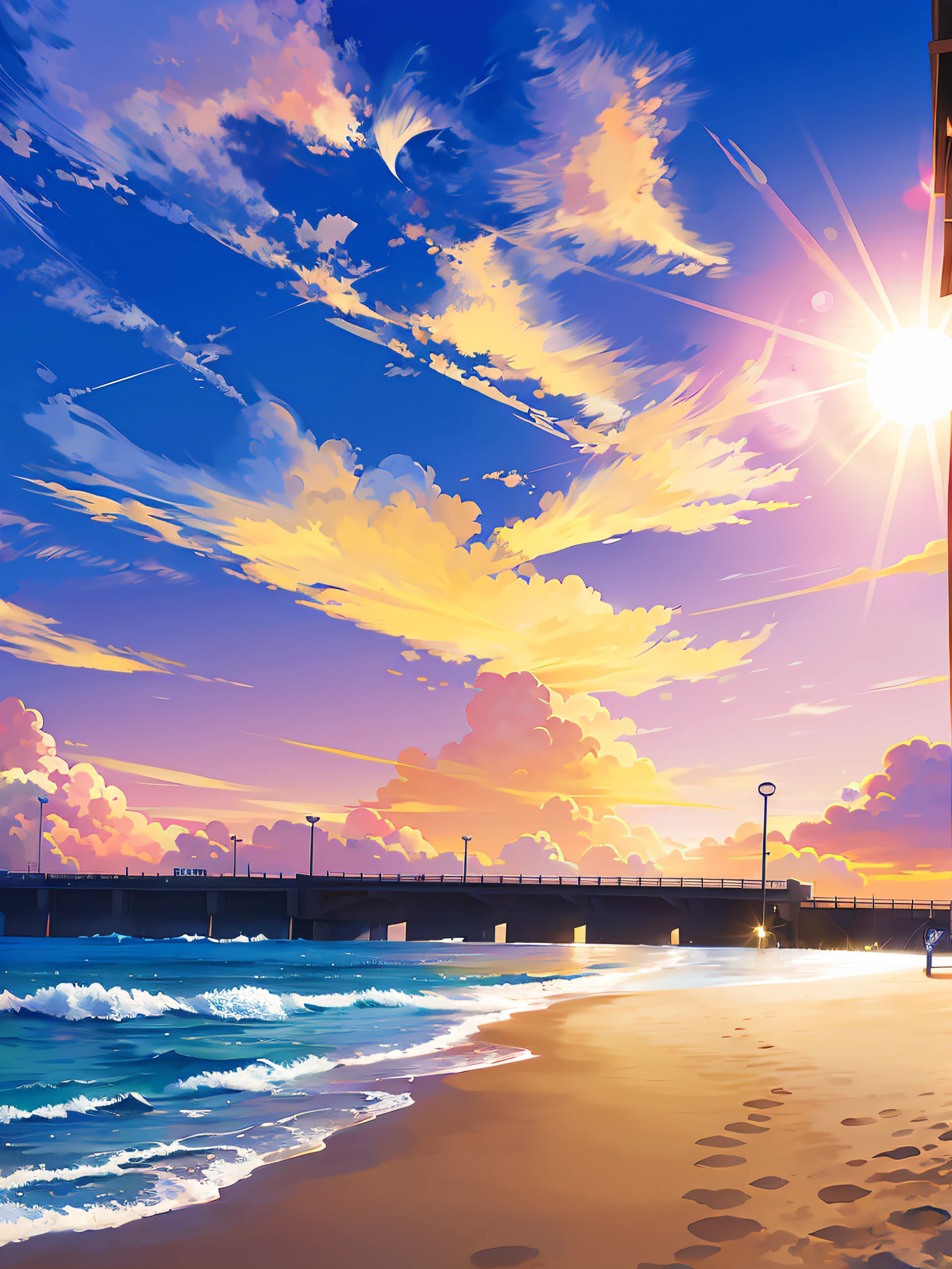 Sunset on the pier and beach with a pier in the distance, Beautiful anime scenery, Anime scenery, anime beautiful peace scene, beautiful anime scene, anime landscape wallpapers, Anime Background Art, beach sunset background, Anime Background, detailed scenery —width 672, Wallpaper Anime Blue Water, beautiful wallpaper, Anime landscapes, colorful anime movie background, anime art wallpaper 4k
