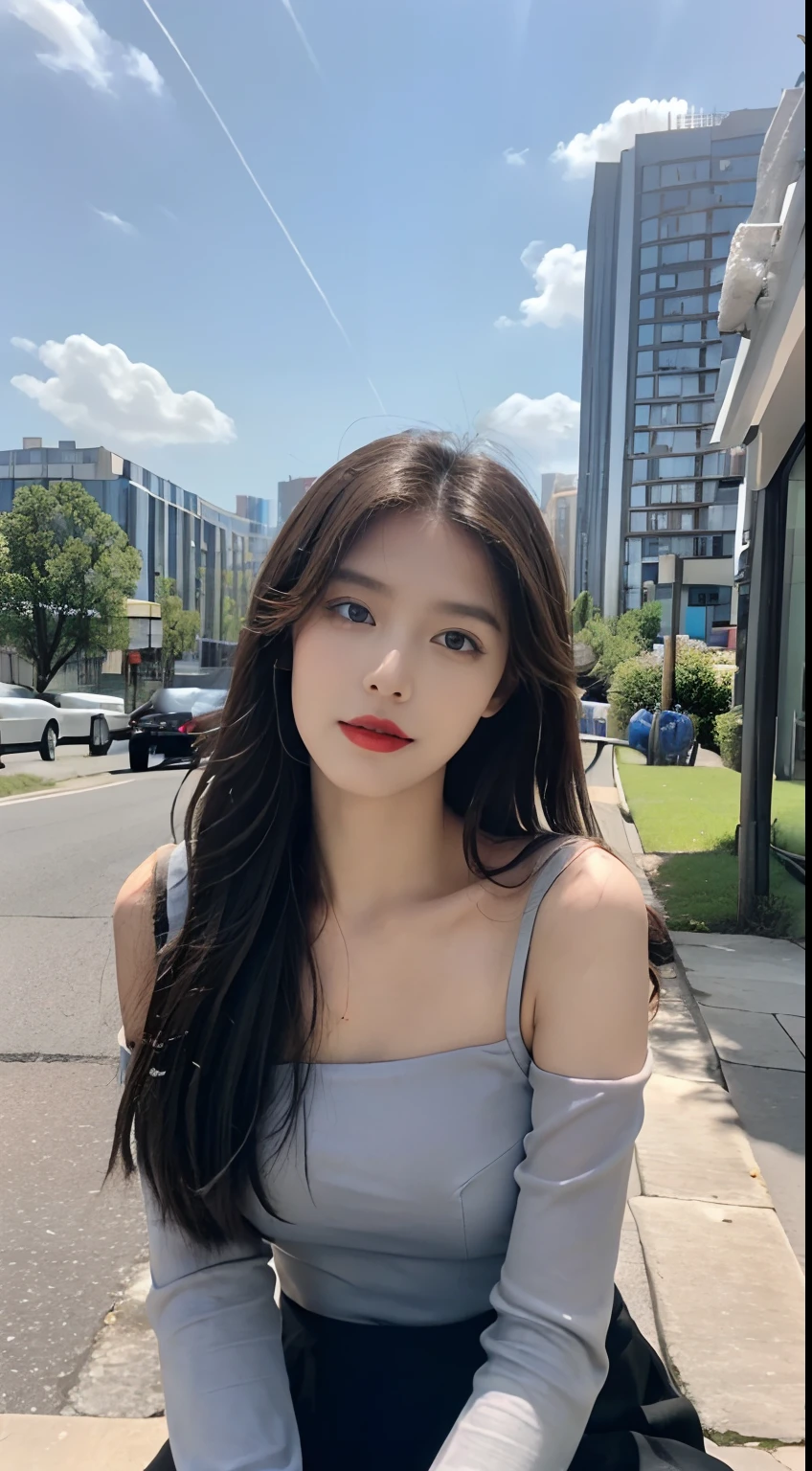 ((best qualtiy, 8K, tmasterpiece:1.3)), A pretty maiden,Pure,Melon seed face,gentle and cute,A sweet smile,Pure desire,Thin stature,(frontage),(Tilt your head),staring right into camera,uniform, Obi, formal,Black silky long, Straight hair,Long hair flowing over the shoulders,round black big eyes,Clear big eyes,Hydrated red lips,Sweet,Sit by the road,with blue sky and white clouds,Blue skies,grassy fields,Buildings,