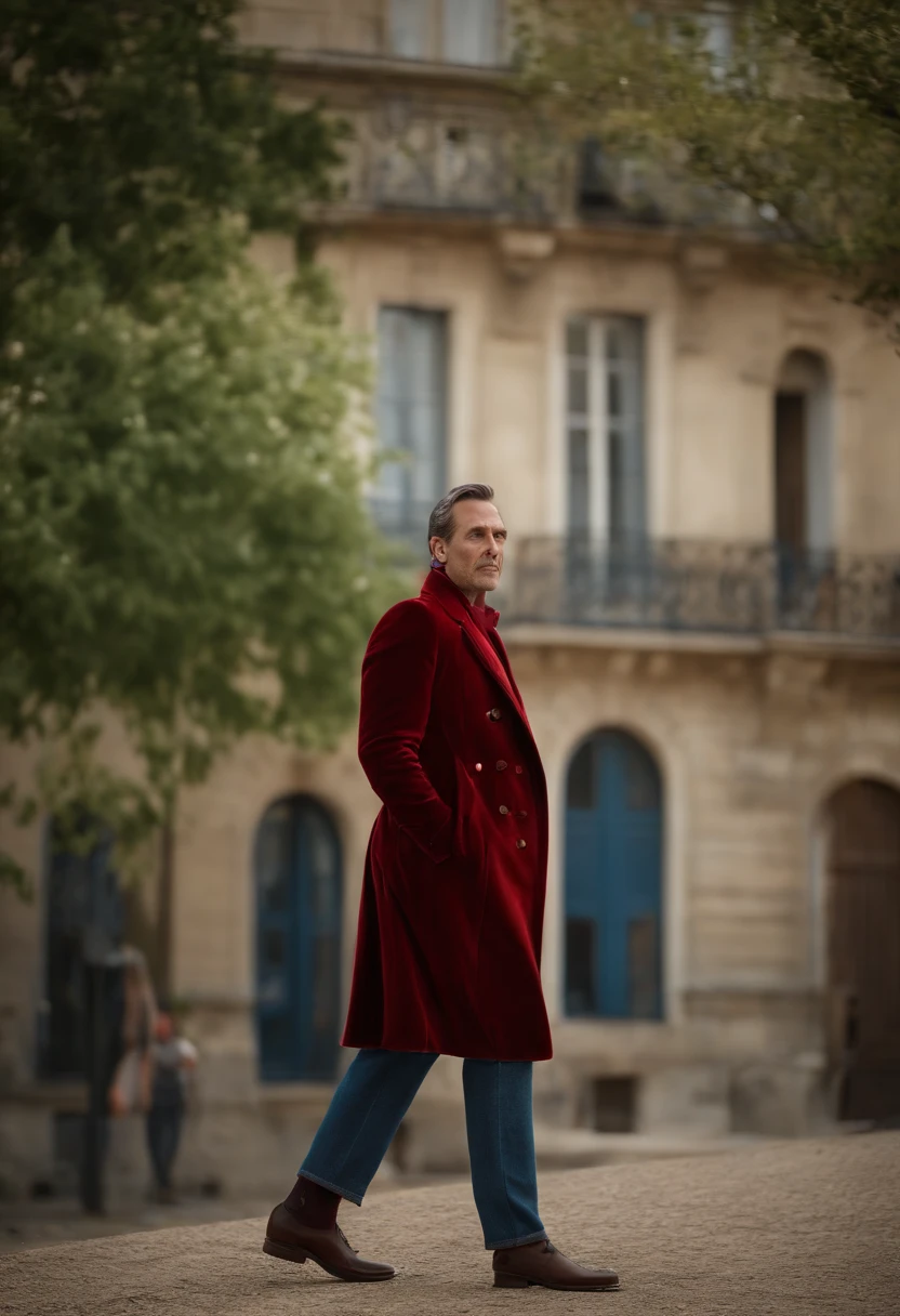 Un homme en rouge, Le style de Patrick Demarchelier. Dressed in a red velvet jacket and blue jeans , Grand et en forme, (40 ans:1.1), (shaven:1.2), (cheveux bruns courts :1.5),(very short hair:1.6). in the style of ethereal beauty, Realistic blue sky, Hasselblad 1600F, Hyperrealistic portrait, couleurs vives, Lignes dynamiques, lisse et poli .