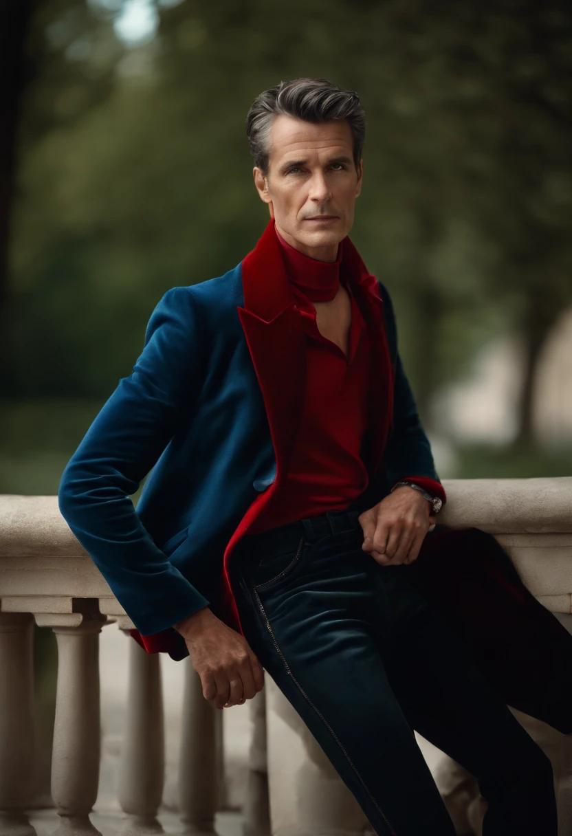 Un homme en rouge, Le style de Patrick Demarchelier. Dressed in a red velvet jacket and blue jeans , Grand et en forme, (40 ans:1.1), (shaven:1.2), (cheveux bruns courts :1.5),(very short hair:1.6). in the style of ethereal beauty, Realistic blue sky, Hasselblad 1600F, Hyperrealistic portrait, couleurs vives, Lignes dynamiques, lisse et poli .