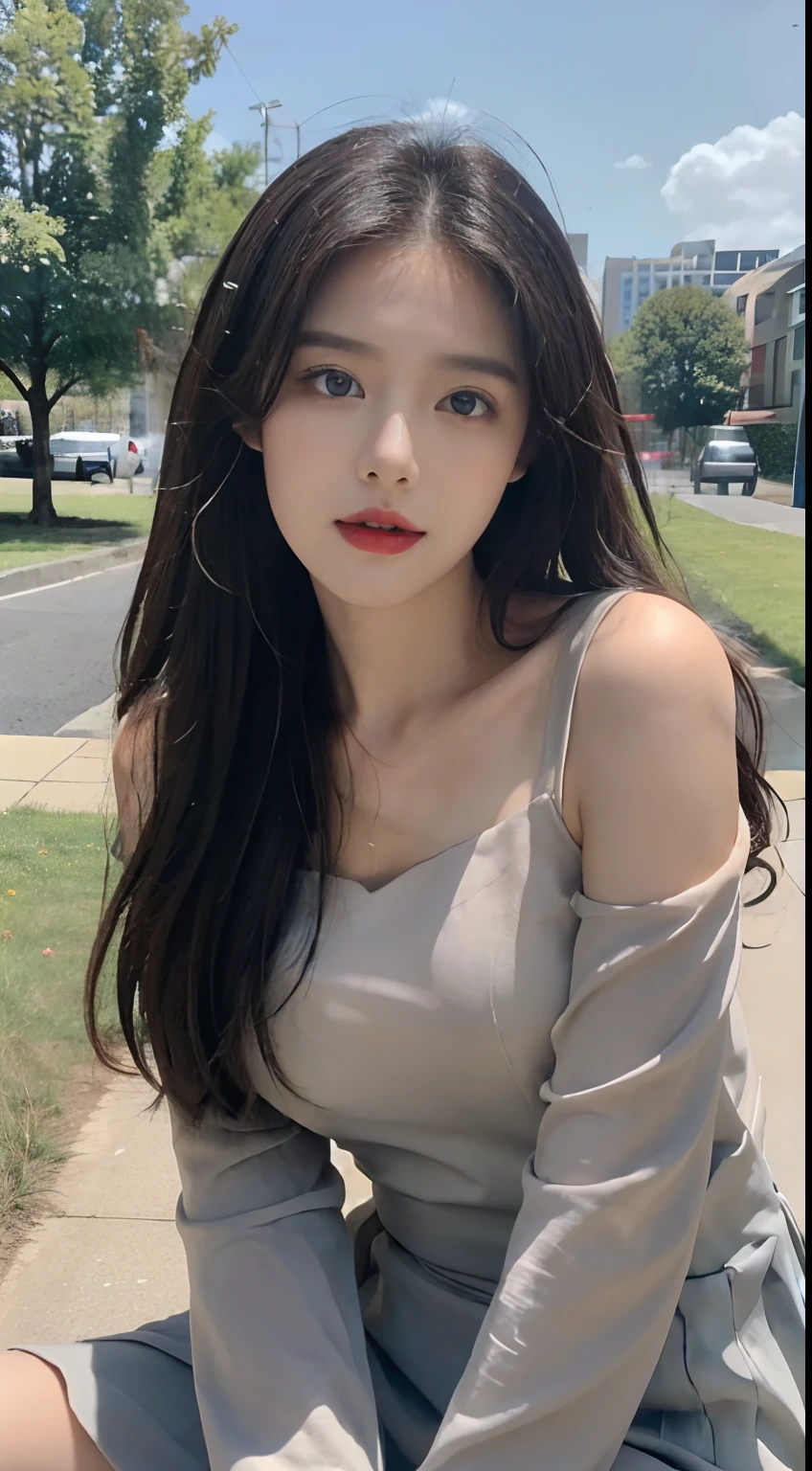 ((best qualtiy, 8K, tmasterpiece:1.3)), A pretty maiden,Pure,Melon seed face,gentle and cute,A sweet smile,Pure desire,Thin stature,(frontage),(Tilt your head),staring right into camera,uniform, Obi, formal,Black silky long, Straight hair,Long hair flowing over the shoulders,round black big eyes,Clear big eyes,Hydrated red lips,Sweet,Sit by the road,with blue sky and white clouds,Blue skies,grassy fields,Buildings,