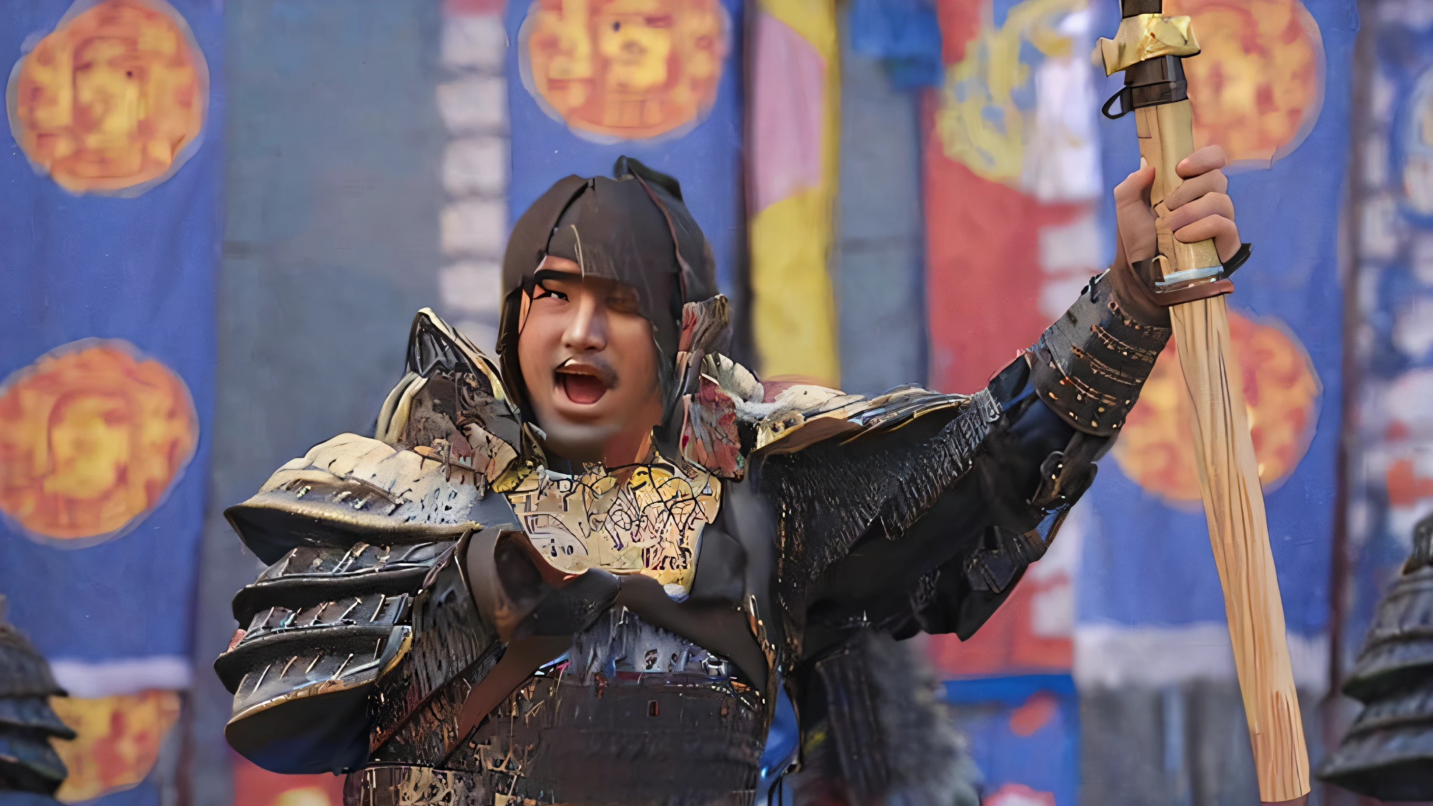 Allalin dressed in armor riding a horse with a wooden cane, Genghis Khan, Genghis Khan Photos, Zhao Yun, xianxia hero, tengri, a young woman as genghis khan, live action movie scene, pan ren wei, guanyu, chinese warrior, mongol, masamune shiro, feng shu