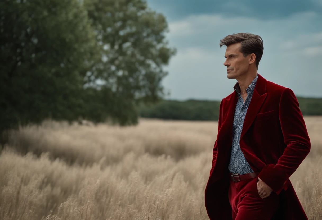 Un homme en rouge, Le style de Patrick Demarchelier. Dressed in a red velvet jacket and blue jeans , Grand et en forme, (40 ans:1.1), (shaven:1.2), (cheveux bruns courts :1.5),(very short hair:1.6). in the style of ethereal beauty, Realistic blue sky, Hasselblad 1600F, Hyperrealistic portrait, couleurs vives, Lignes dynamiques, lisse et poli .