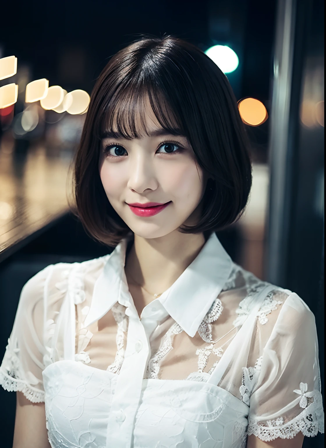 (8k, Best Quality, Masterpiece: 1.2), (Realistic, Photorealistic: 1.37), Super Detailed, 1 Girl, Cute, Alone, Beautiful Detailed Sky, Detailed Cafe, Night, Sitting, Date, ( Nose blush), (smile: 1.15), (close mouth) small breasts, beautiful details, (collared shirt: 1.1), night, wet, business wear, rain, white lace, (short hair: 1.2), floating Hair NovaFrogStyle,