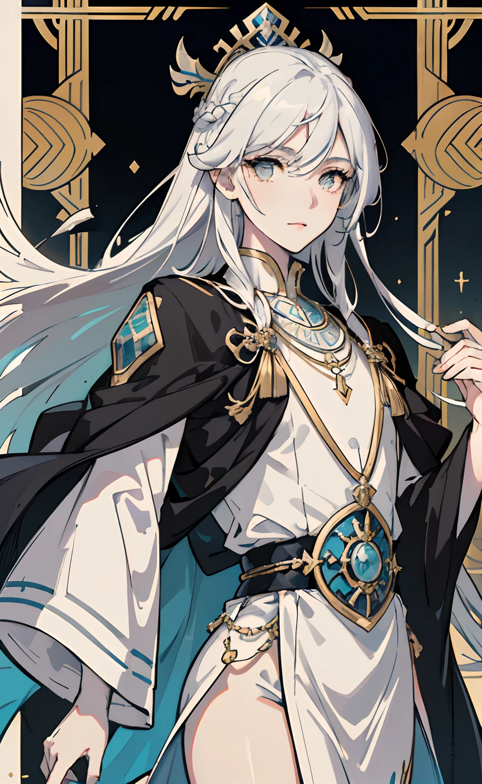 (masuter piece,Best Quality,Ultra-detailed), (A detailed face), Movie Posters, hight resolution, 1girl in, (front-facing view), White hair, length hair、Braided side locks, Gold Eye, General's jacket, The upper part of the body, flat-chest, (Beautiful Detail Eye: 1.1), (Detailed hand), (Detail light: 1.1), Desportivo, Film Light, Pale skin type, (looking at the viewers), (magazine:1.3), (cover-style:1.3), Textured skin, Super Detail, Tarot Boundary, border, Alfonse Mucha, Dynamic streaks, locus:1.2, Dim color scheme, portraitures, Look at viewers, 独奏, (full body Esbian:0.6), A detailed face, soft smiling, Dynamic Poses, (Ancient Mesopotamian theme), Sumerian, Mesopotamian mythology, Uruk, ziggurat, Demigod, white robes, laurel, (A thriving civilization), Ancient palaces, stele, particles floating, Fire emblem