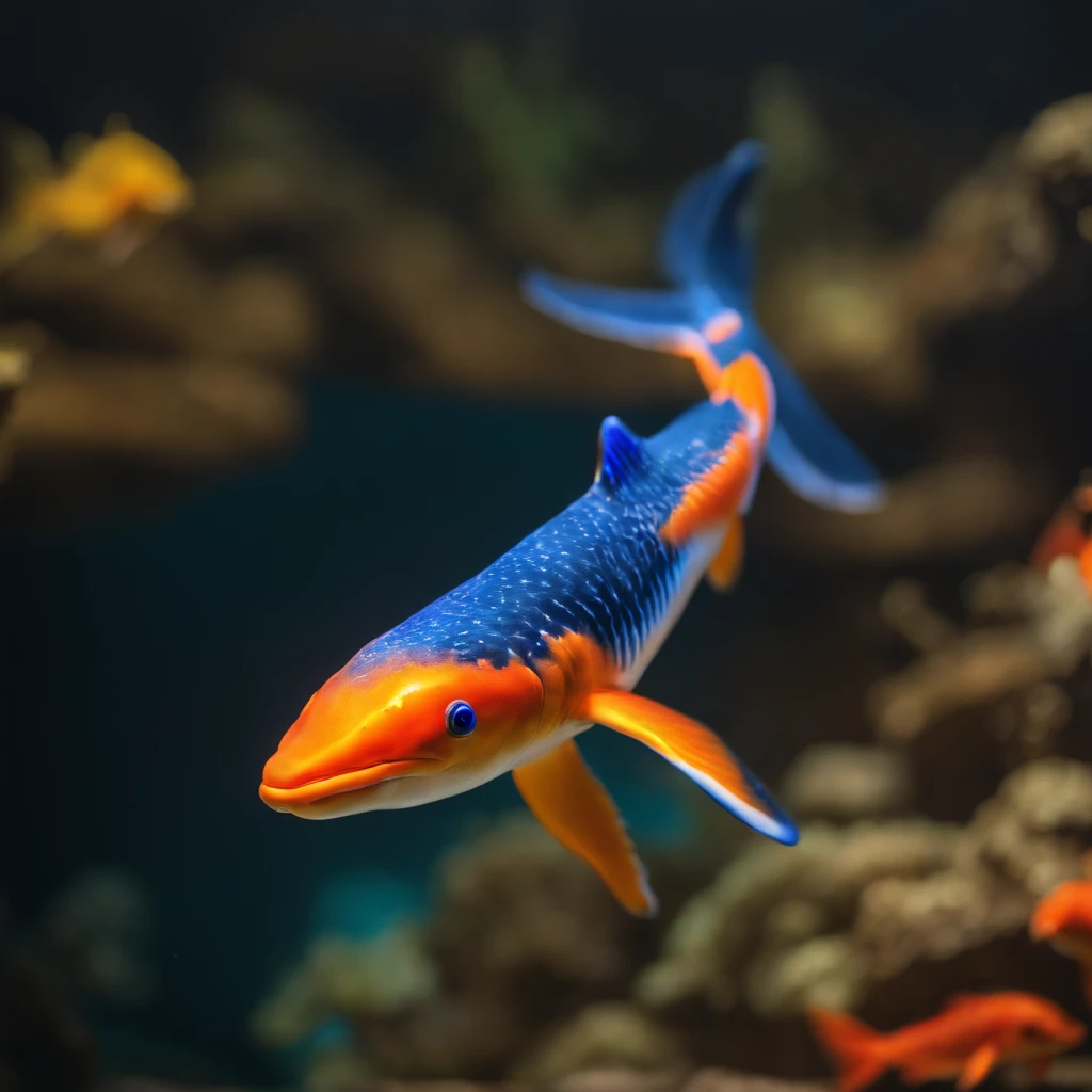 (best quality, high-res:1.2), vibrant lights, masterpiece:1.2, curated, super-detailed, high-quality, award-winning, swimming in a small goldfish bowl, long-whiskered whale