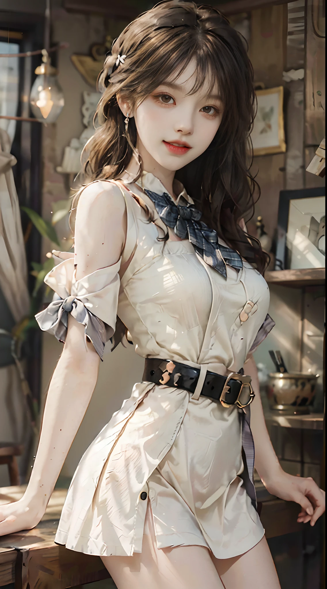 ((full body)), ((from below)), ((realistic)), 1girll, posed for photo, inside in room, Stand up, leaning on a table, pretty legs, The upper body leans forward slightly, with hands behind her back, looking at viewert, Detailed scenes, curlies, Air bangs, Beautiful hair accessories, Brownish-yellow hair, ((white camisole, neck bowtie, Short black skirt, Shiny belt)), (Campus style), warm lights, a warm color palette, Detailed details, ultra-detailliert, (tmasterpiece, best qualtiy), (An extremely delicate and beautiful work), Delicate earrings, Delicate necklace, Simple blurred background, Extreme detail description, Ultra-fine painting, Delicate face, slim toned body, (ssmile, Baring teeth), (anatomy correct)
