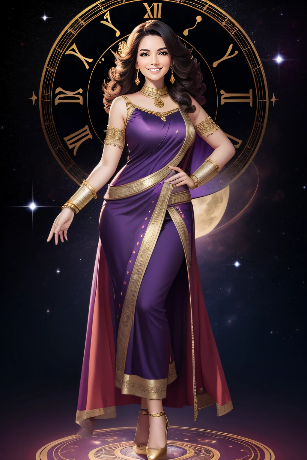 A 35 plus Astrologist woman full body with a little smile.
