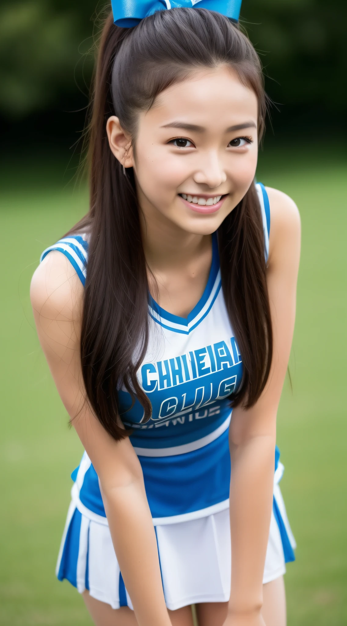 A close up of a young girl in a cheer uniform posing for a picture ...