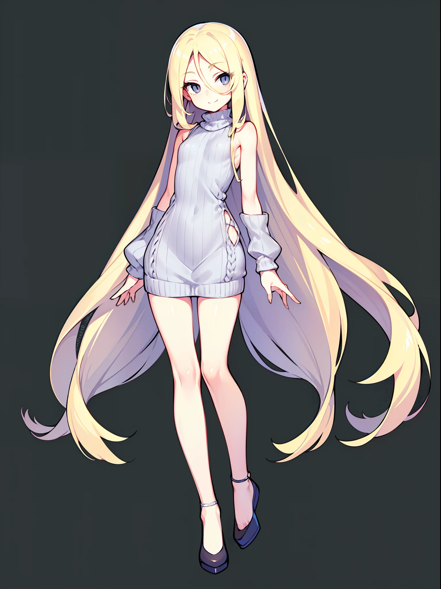 Modest, Shy, Cute, Smart, blonde 17 years old, straight long hair to the middle of the back; Nice friendly look, large grey eyes, long eyelashes; Kind smile, Friendly posture, shapely body, Almost flat chest; narrow hips; knitted dress to the knees; full body photographed; high quality textures, higly detailed