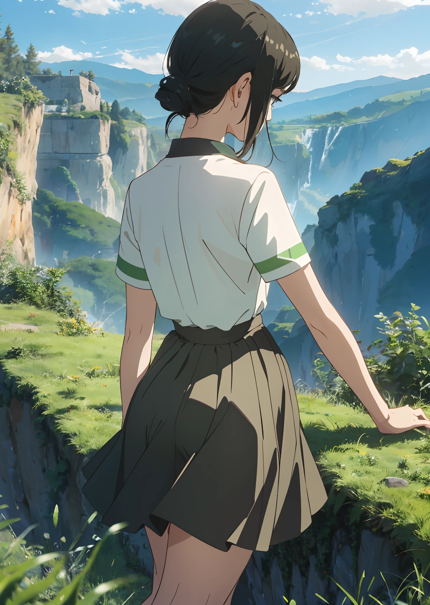On the edge of the cliff,There was a girl in the distance,short skirt,Low green grass,light wind,Skysky --auto --s2