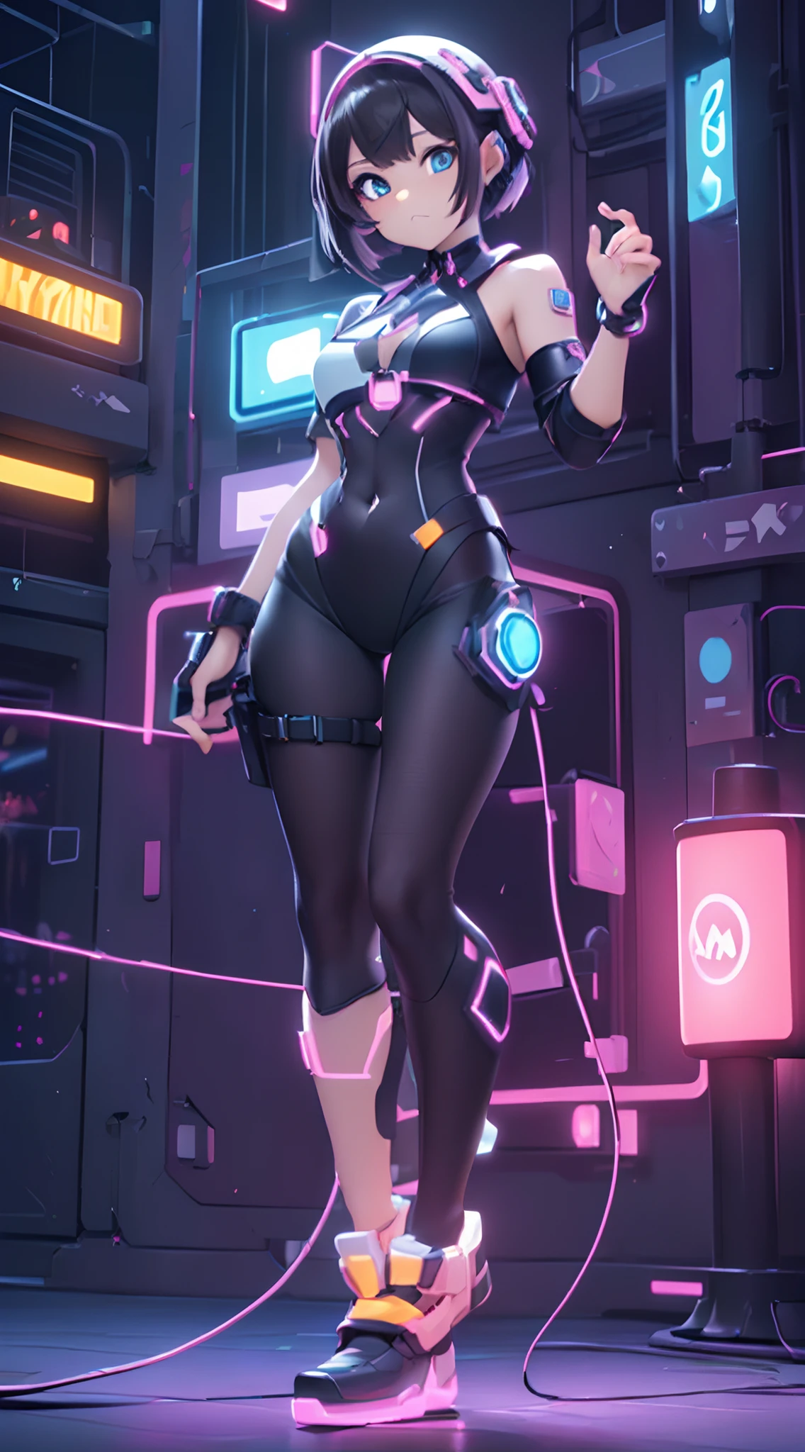 (Dynamic Angle:1.4), ((Full body posing:1.5), (Colorful:1.2), (Highly detailed CG Unity 16K wallpaper:1.1), (Denoising strength: 1.45), (tmasterpiece:1.37), ((Official art)), of the highest quality, (Realistic), Cyber Girl, 2 head body,Deformed Character,cute expression, (Short-cut hair:1.2),(Black Cyberware:1.5),Black hair,Glowing eyes,(blue eyess:1.2),((Poses in motion:1.4)),wires, (LED:1.3), (a hologram:1.2), futuristic city street, Neon light, Skyscrapers, (Night:1.2), (Rainbow Model:1.2), 8K resolution, (Anime style:1.3), Cinematic lighting, chromatic abberation, spark of light, Ray tracing, blending, ultra wide-angle,  Hasselblad, (masutepiece), (masutepiece), ((Best Quality)), ((masutepiece)), nffsw