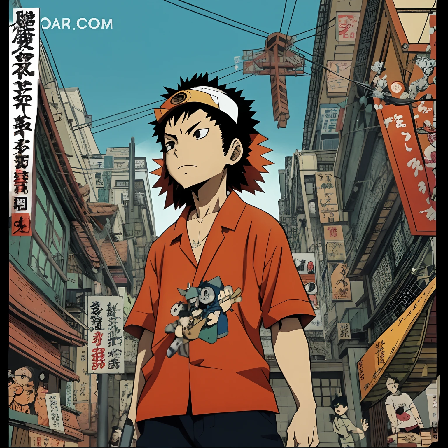 Photo of a man in a red shirt and hat walking down the street, tekkon kinkreet, hirohiko araki style, anime cover, Inspired by Jamie Hewlett, anime poster film still portrait, Jamie Hewlett Art, style of jojolion cover art, Official art, tekkonkinkreet, inspired in hirohiko araki